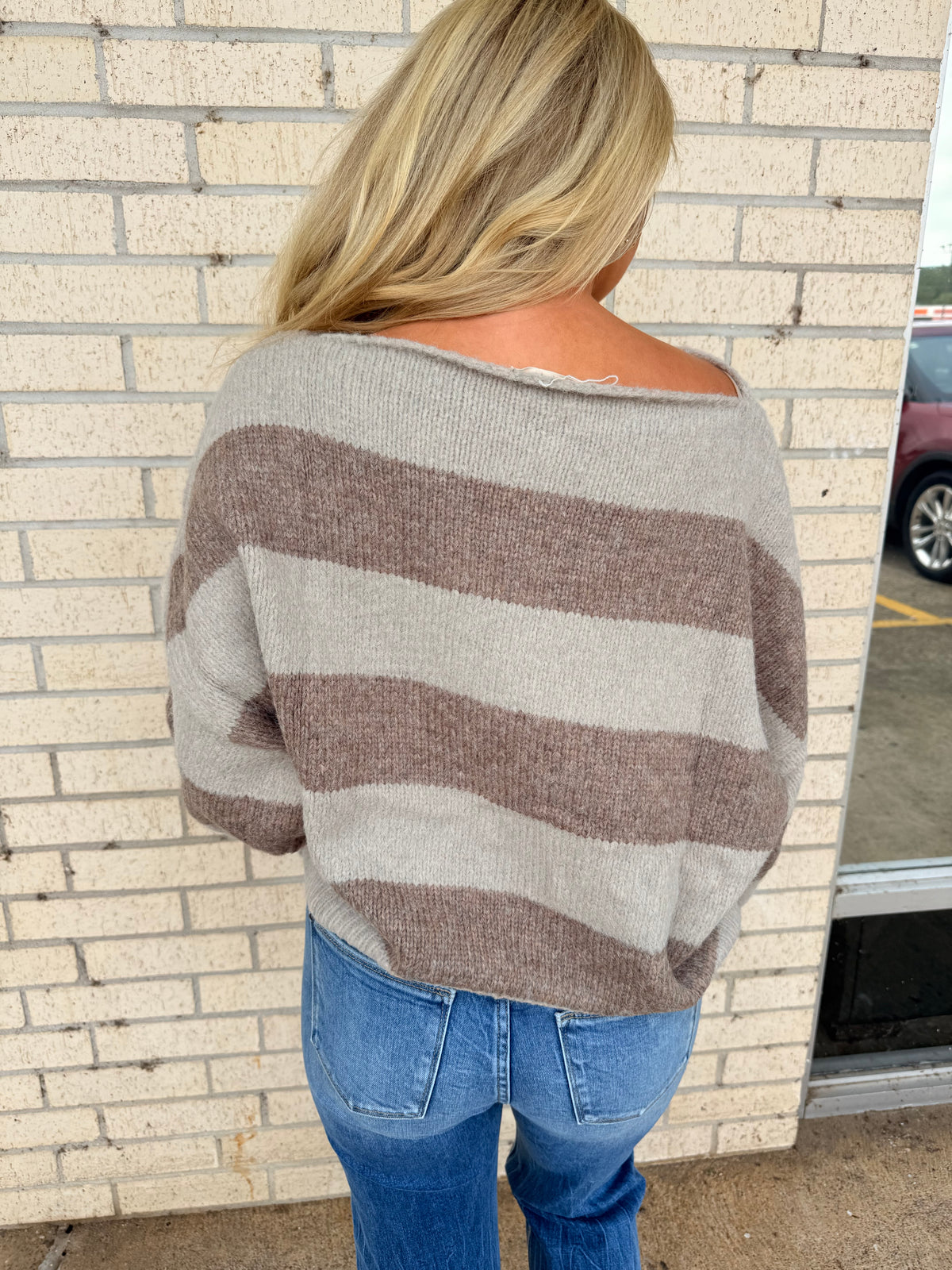 Syndey Brown Strip Peep Shoulder Sweater