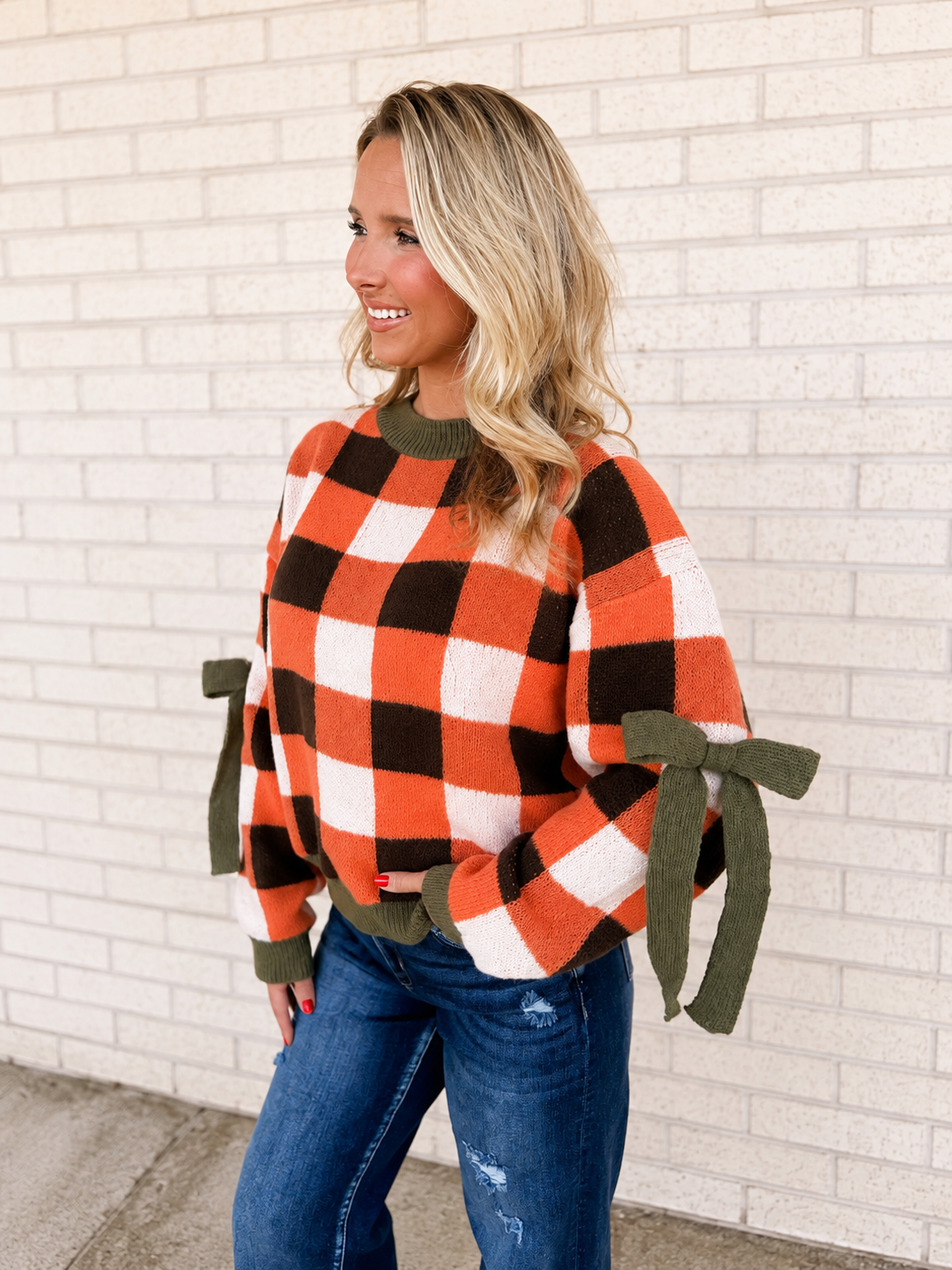 Harvest Plaid Tie Sleeve Cozy Knit Sweater