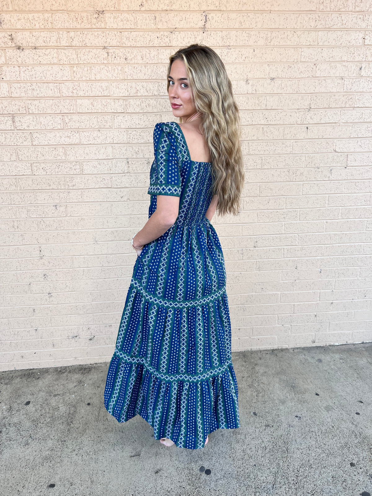 Navy And Green Floral Detail Maxi Dress