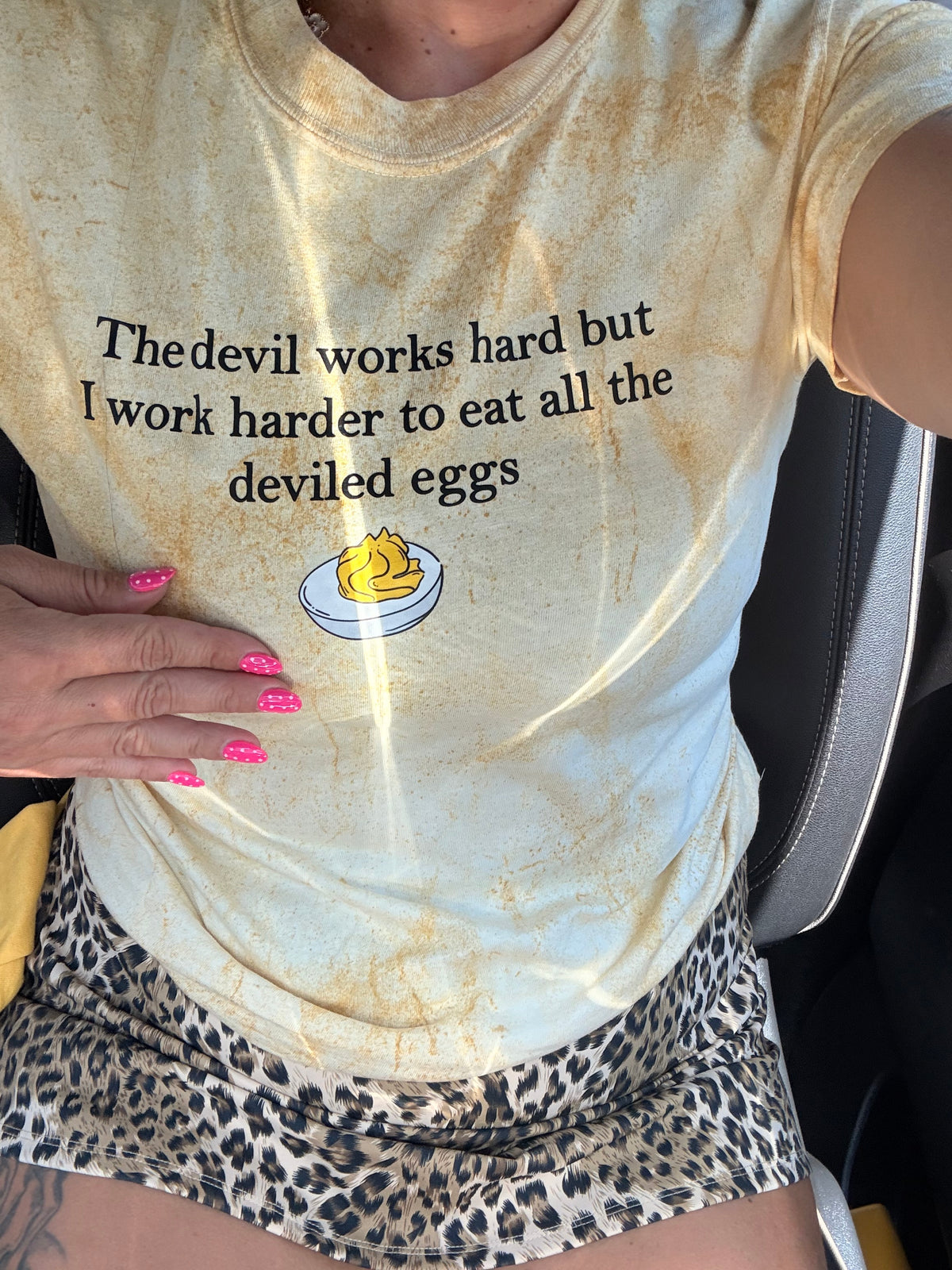 The devil works hard but I work harder to eat all the deviled eggs tee or sweatshirt
