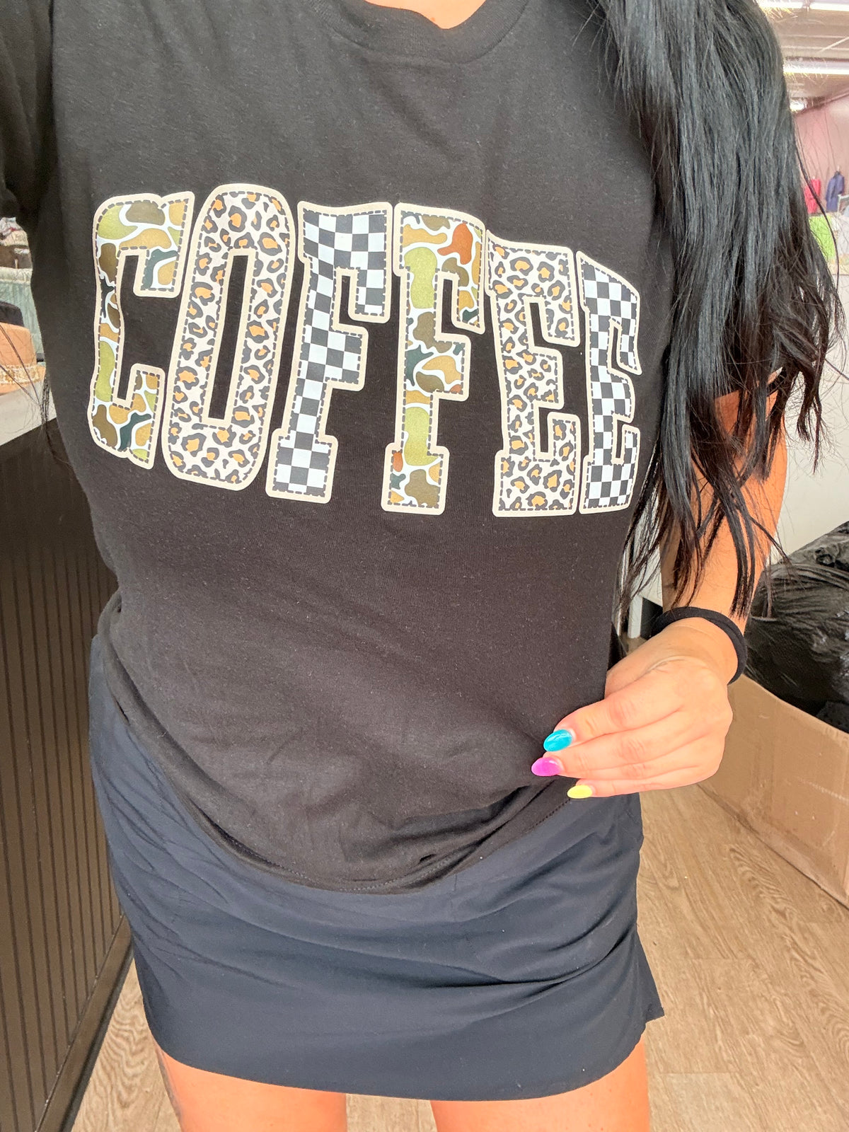 coffee camo check tee or sweatshirt