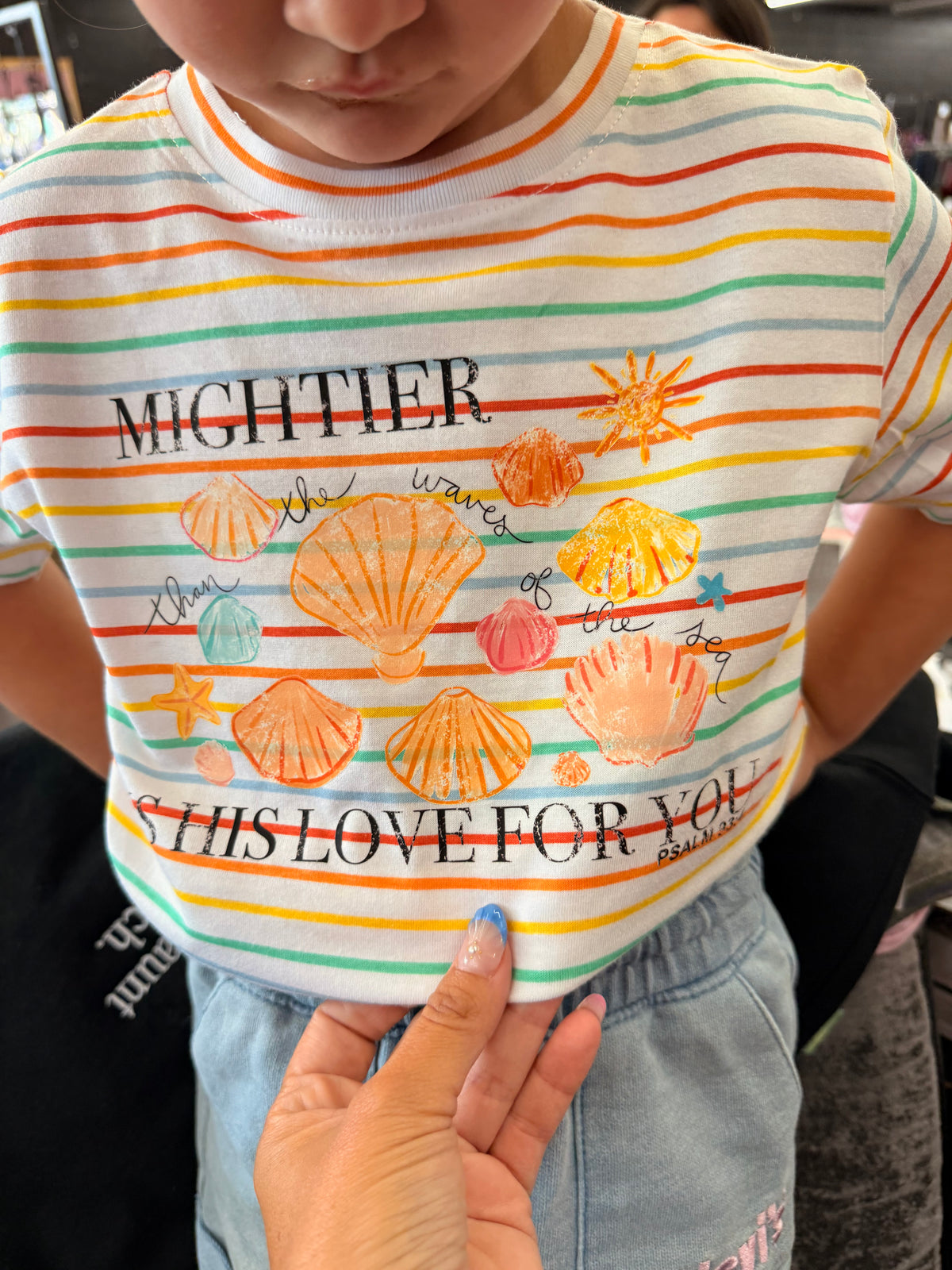 Mightier is his love for you Christian stripe tee (toddler ,kids or adult)