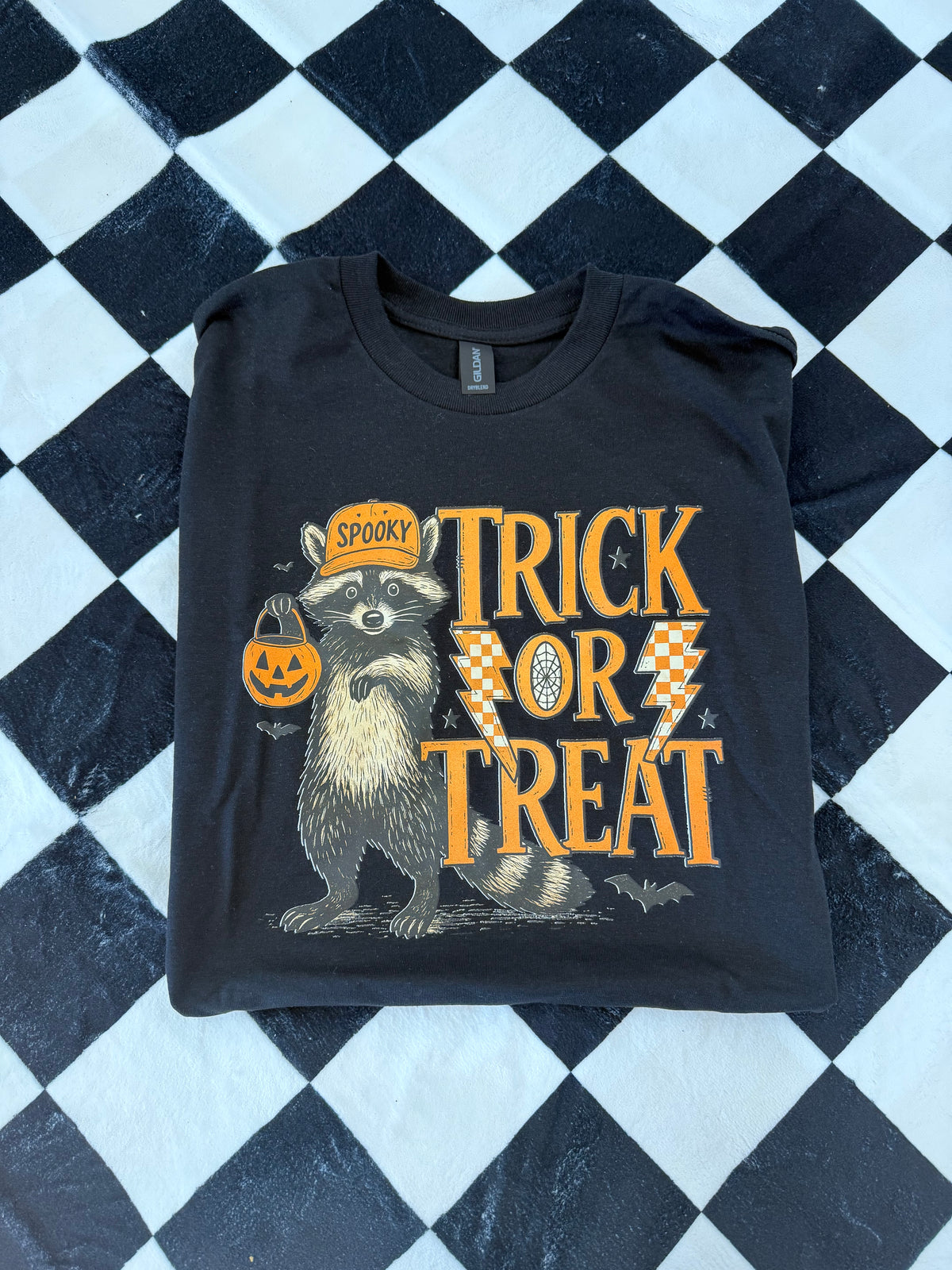 trick or treat racoon tee or sweatshirt