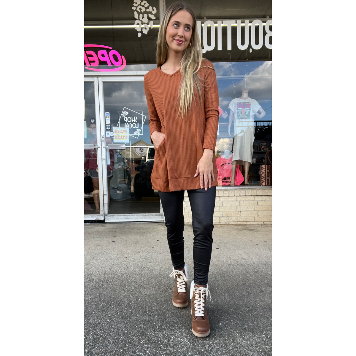 Orange Sleeve Pocket Split Hem Tunic - Azalea Top