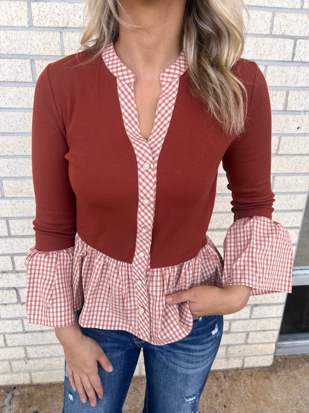 Ginger plaid rust pearl button top