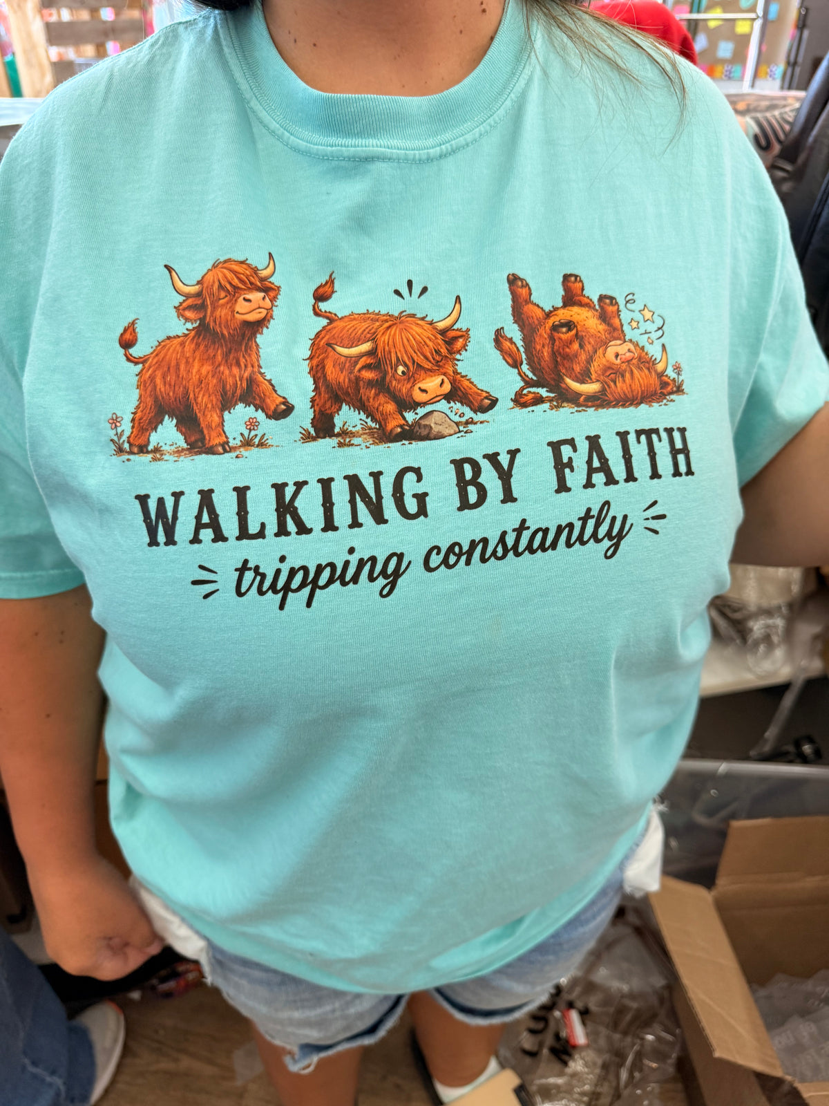 Walking by faith tripping cow Christian tank, tee or sweatshirt