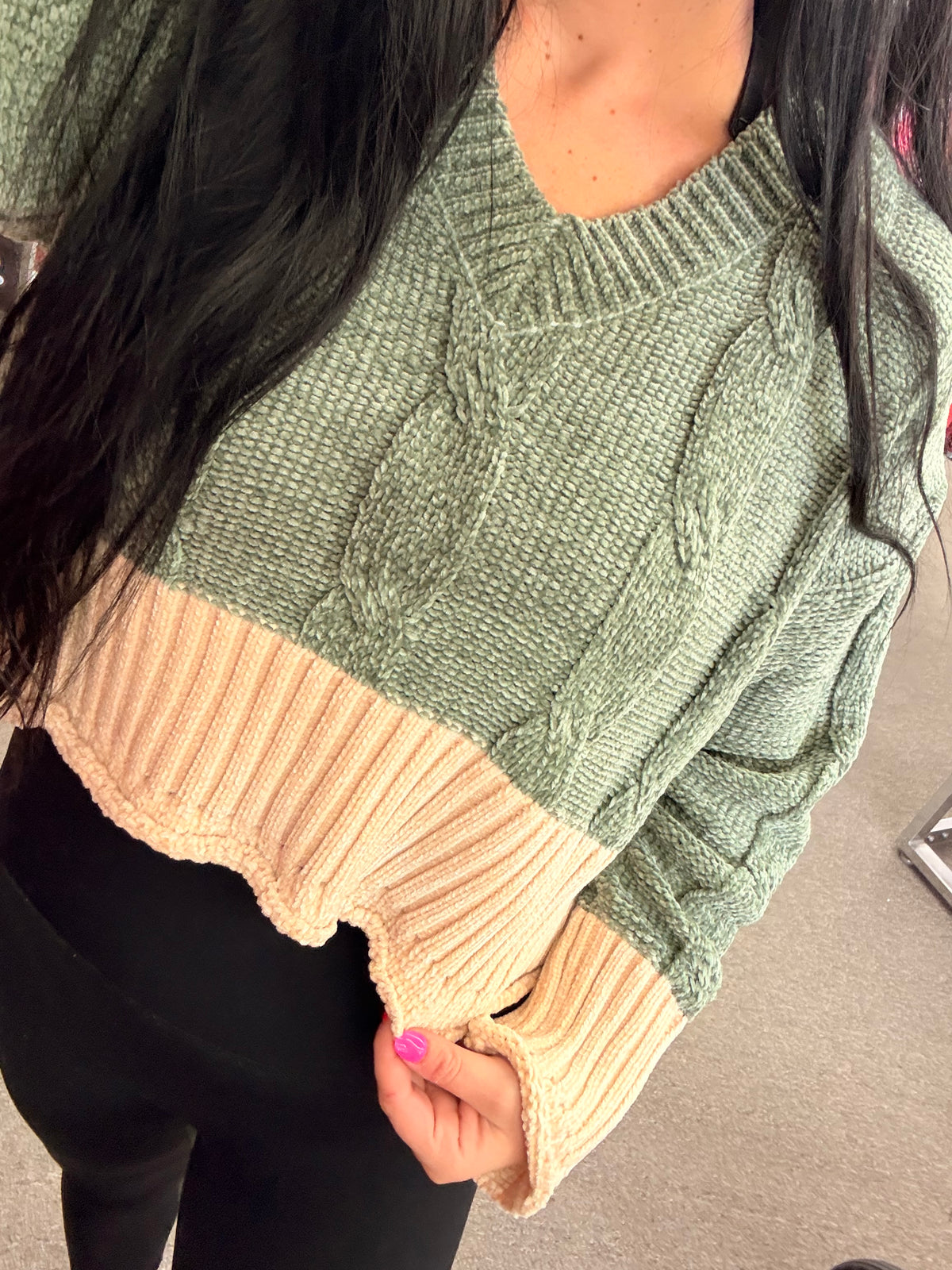 Olive oatmeal cream thick knit sweater crop