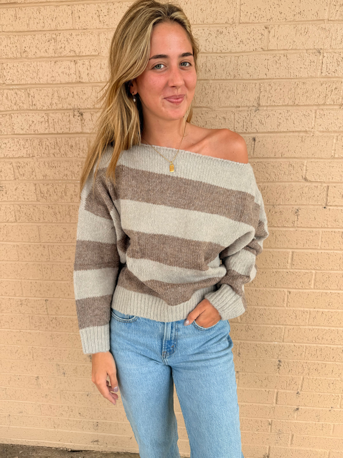 Syndey Brown Strip Peep Shoulder Sweater