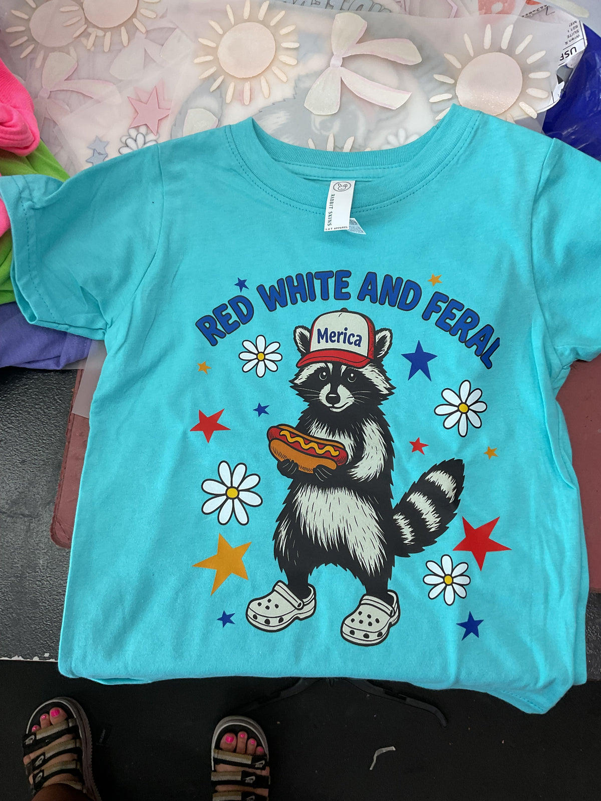 Red white and feral 4th of july racoon girly Kid or Adult tee