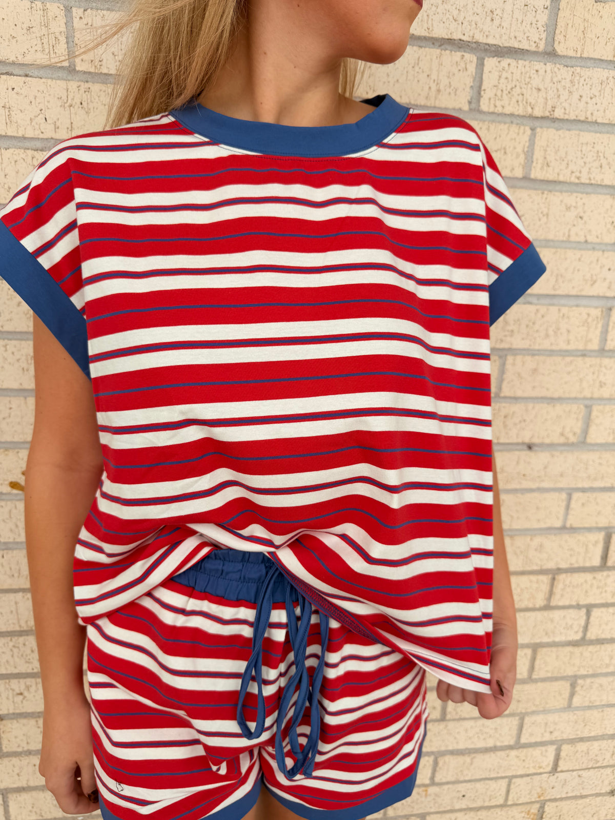 Red white and blue stripe  short set