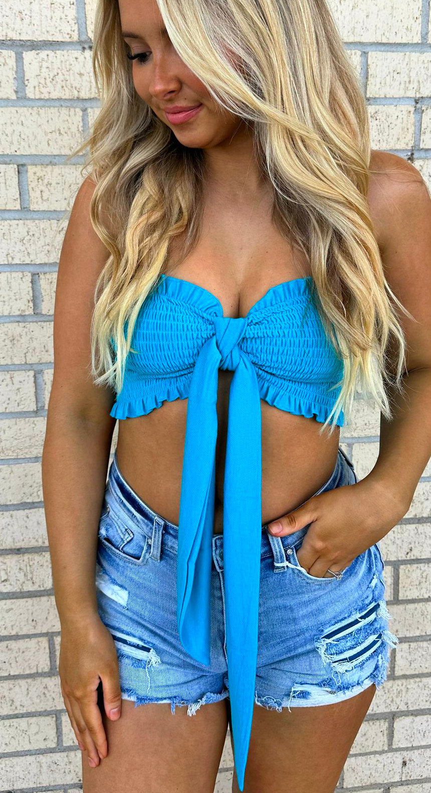 Vibin Summer Smocked Tie Front Tube Top( lots of colors)