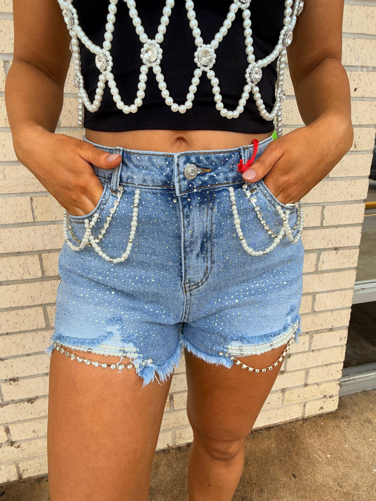Lexi Vibes Pearl Rhinestone denim shorts