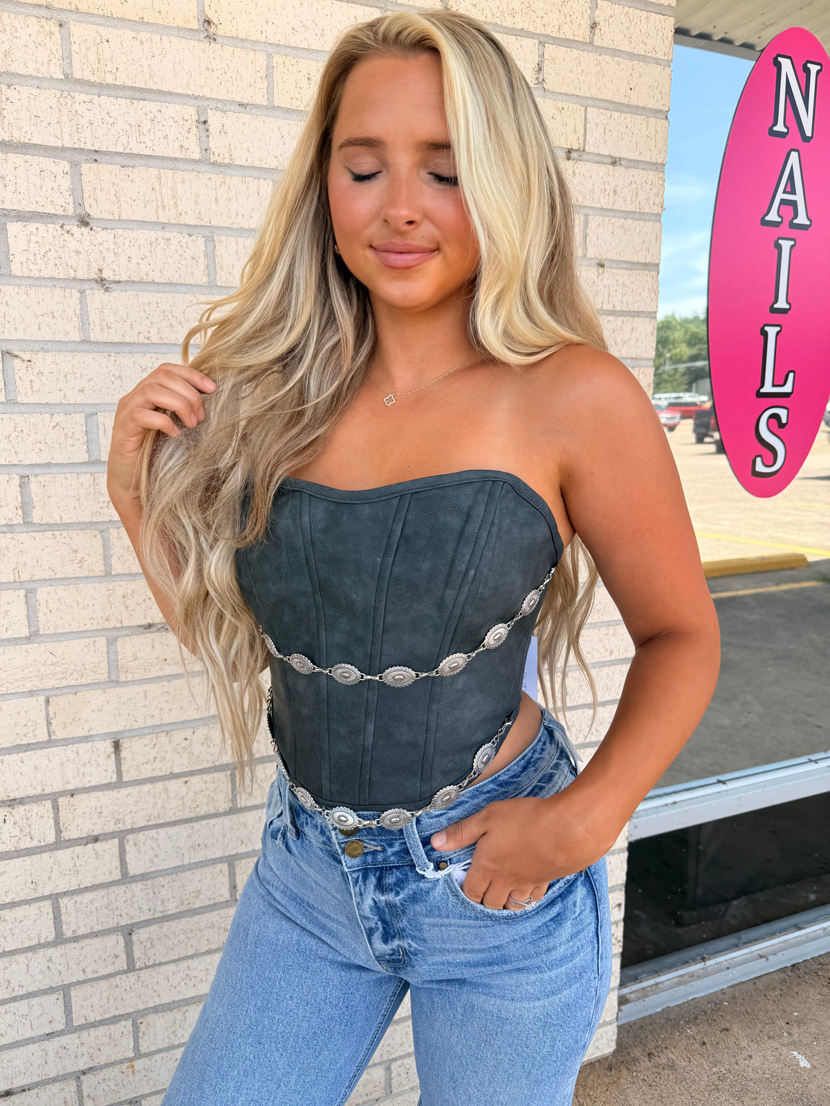 Bevan Black Western Top with chain belt