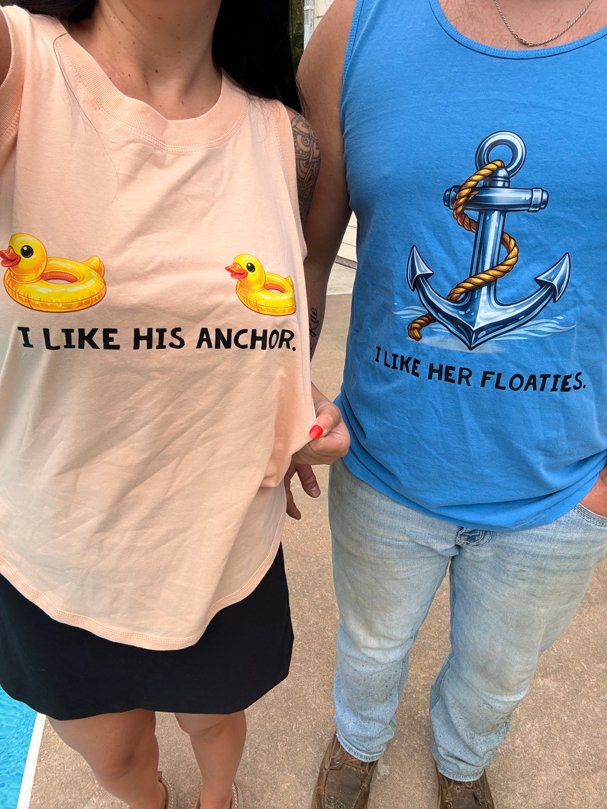I like her floaties or i like his anchor tee, sweatshirt or tank top