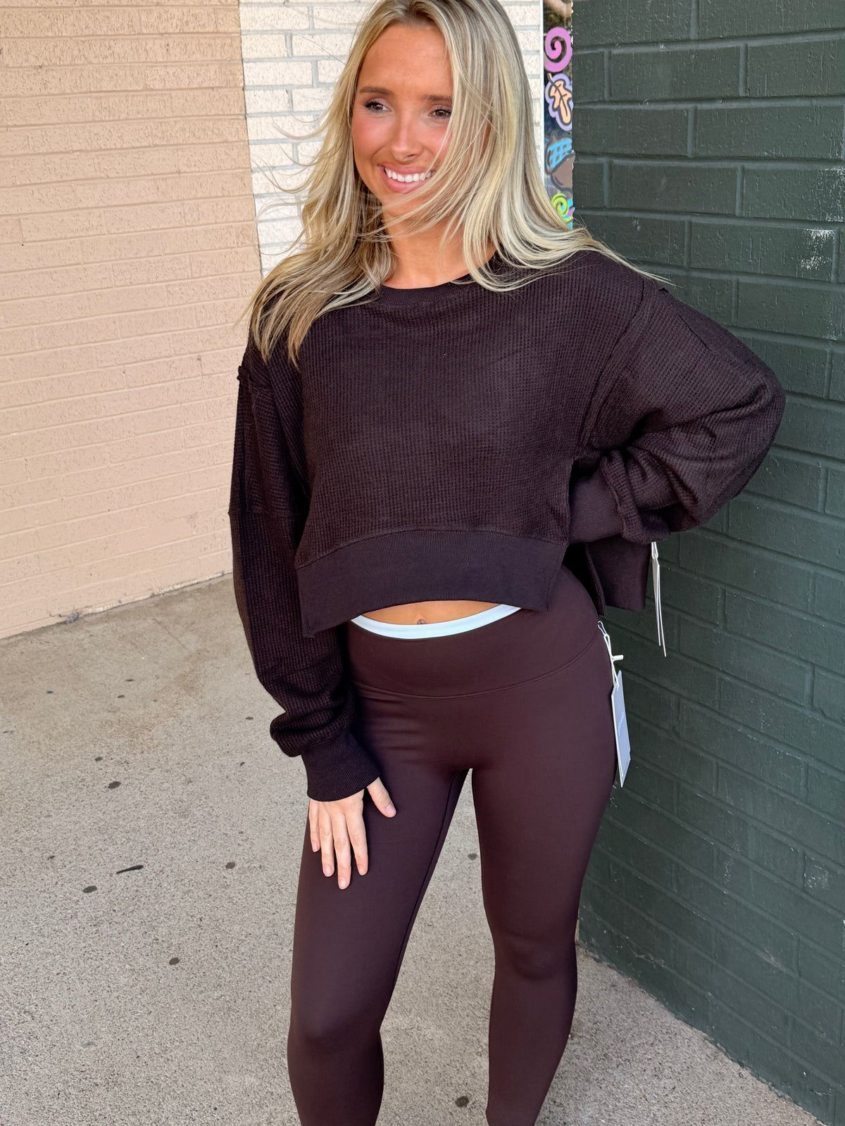 Chocolate brown waffle knit crop sweater