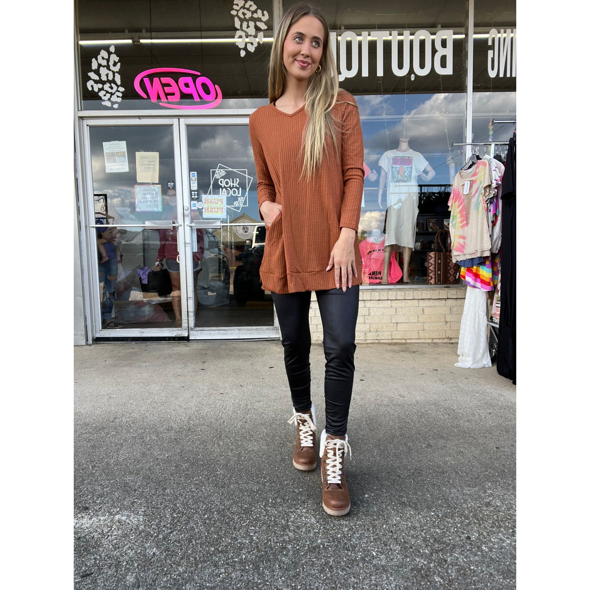 Orange Sleeve Pocket Split Hem Tunic - Azalea Top