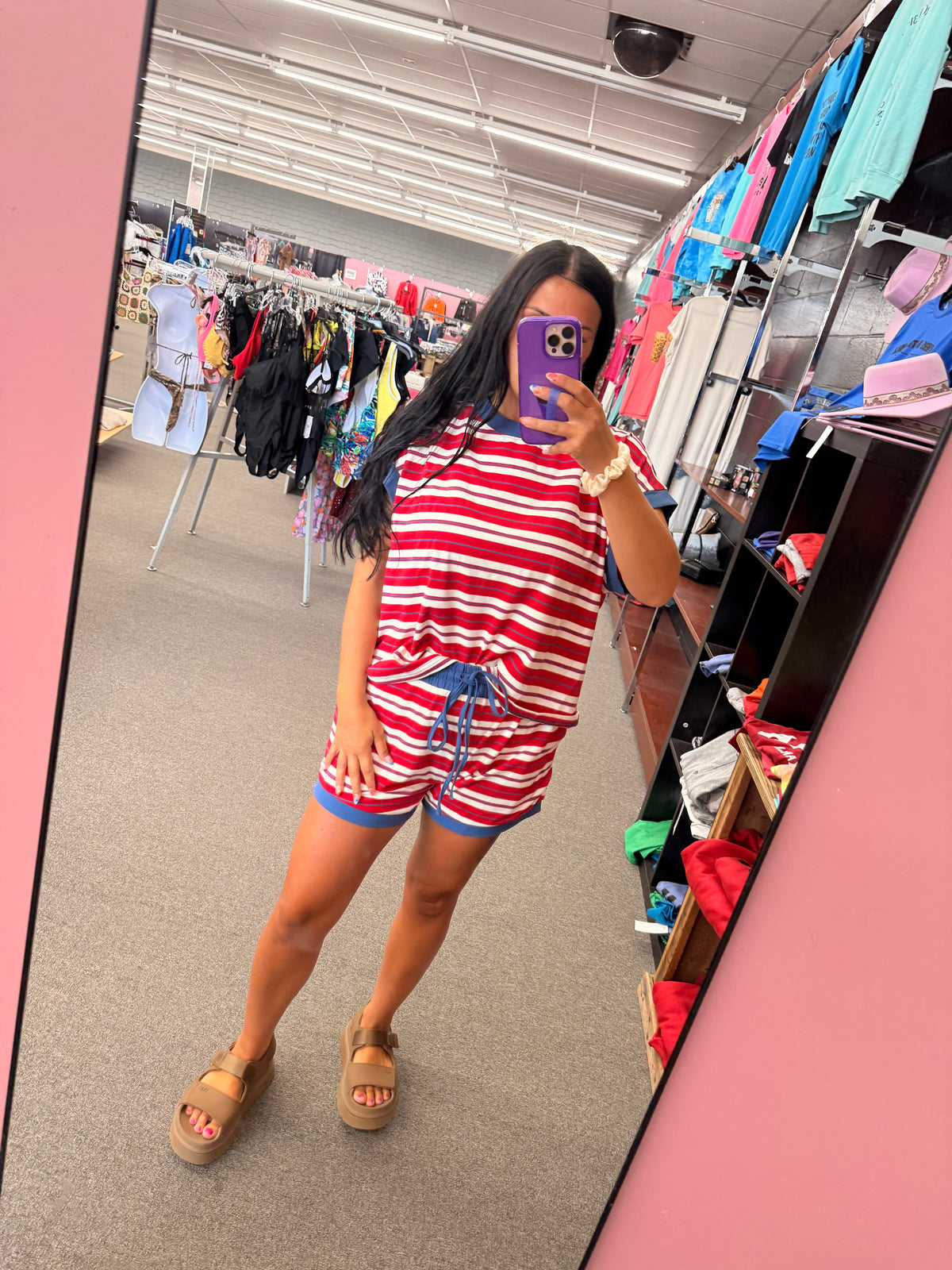 Red white and blue stripe  short set