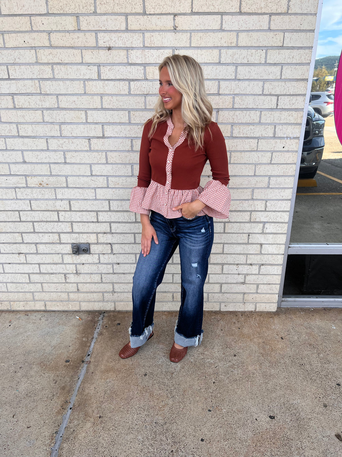 Ginger plaid rust pearl button top