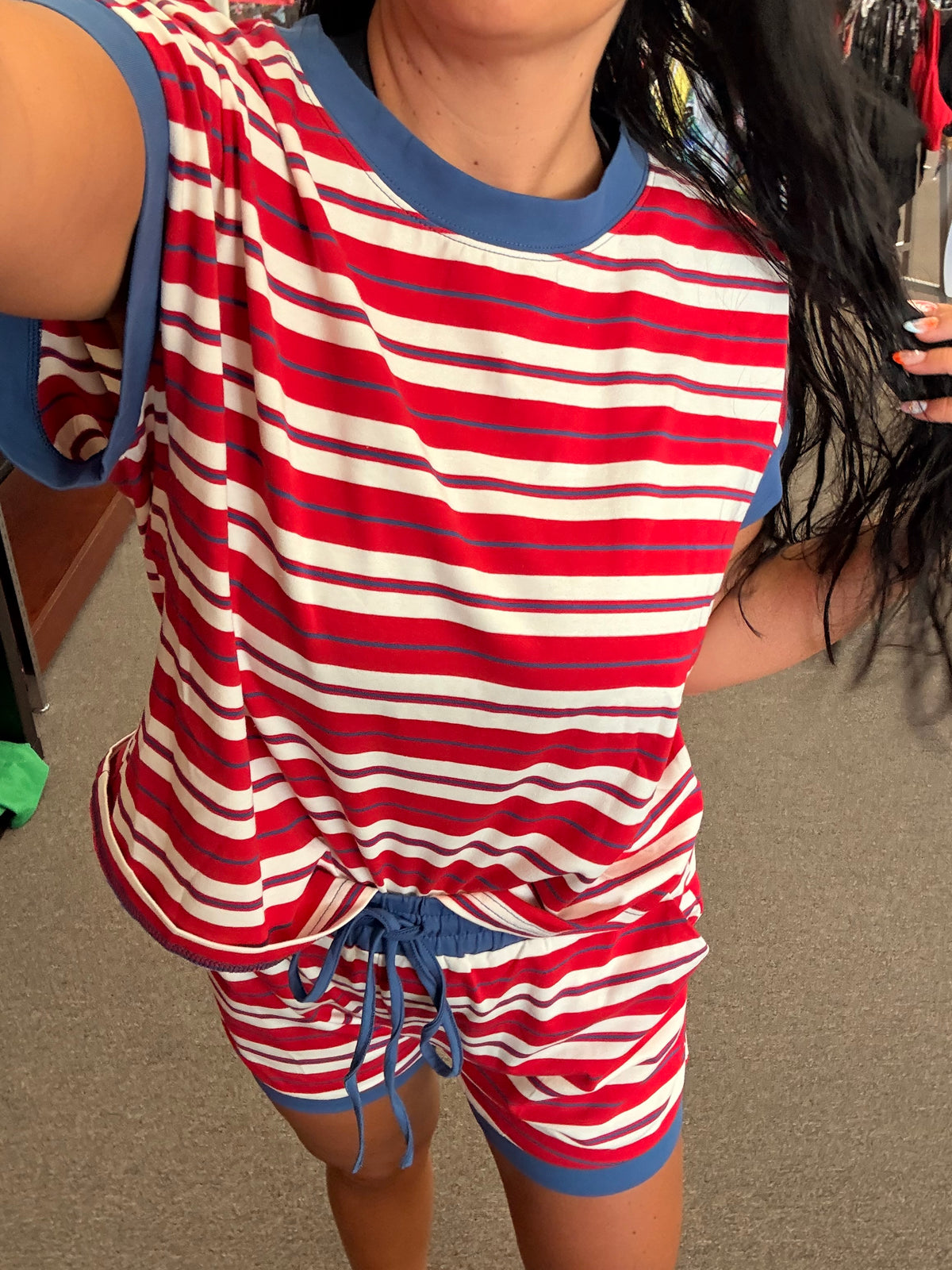 Red white and blue stripe  short set