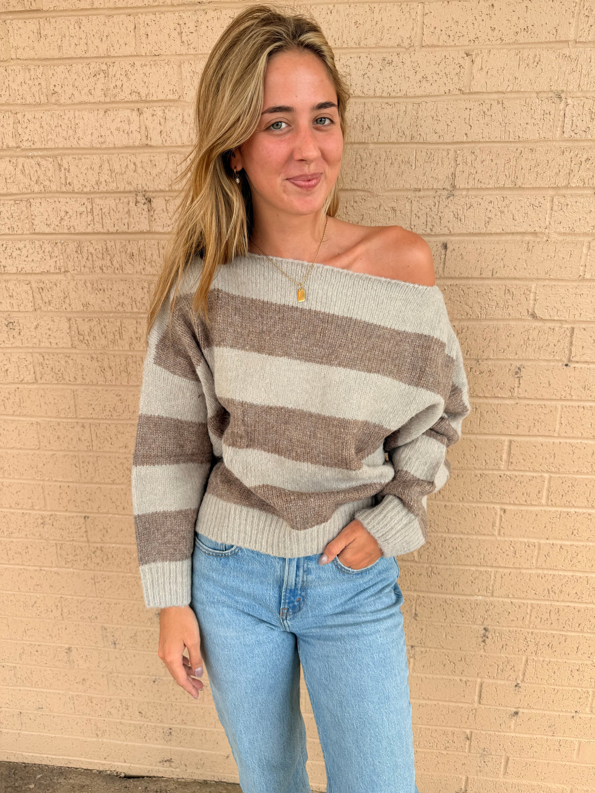 Syndey Brown Strip Peep Shoulder Sweater