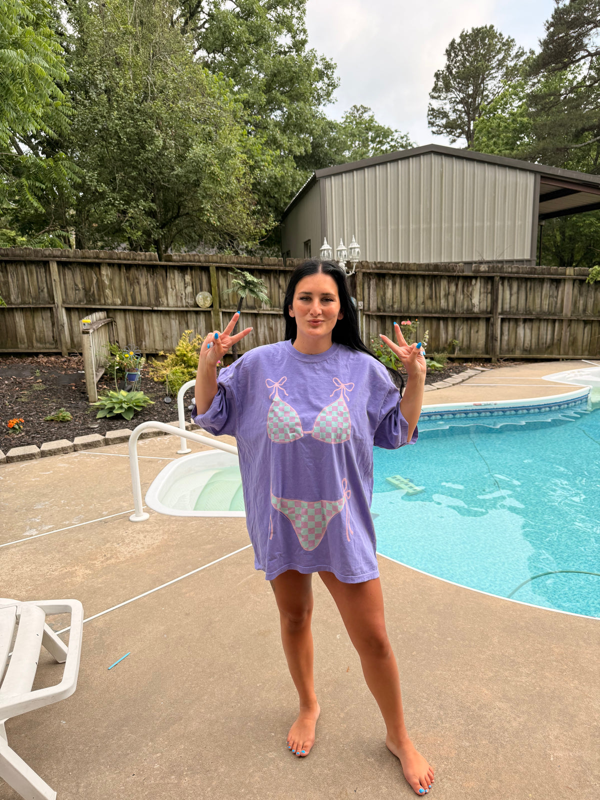 Purple/Mint Checkered Swim Suit Comfort Colors Tee or Sweatshirt