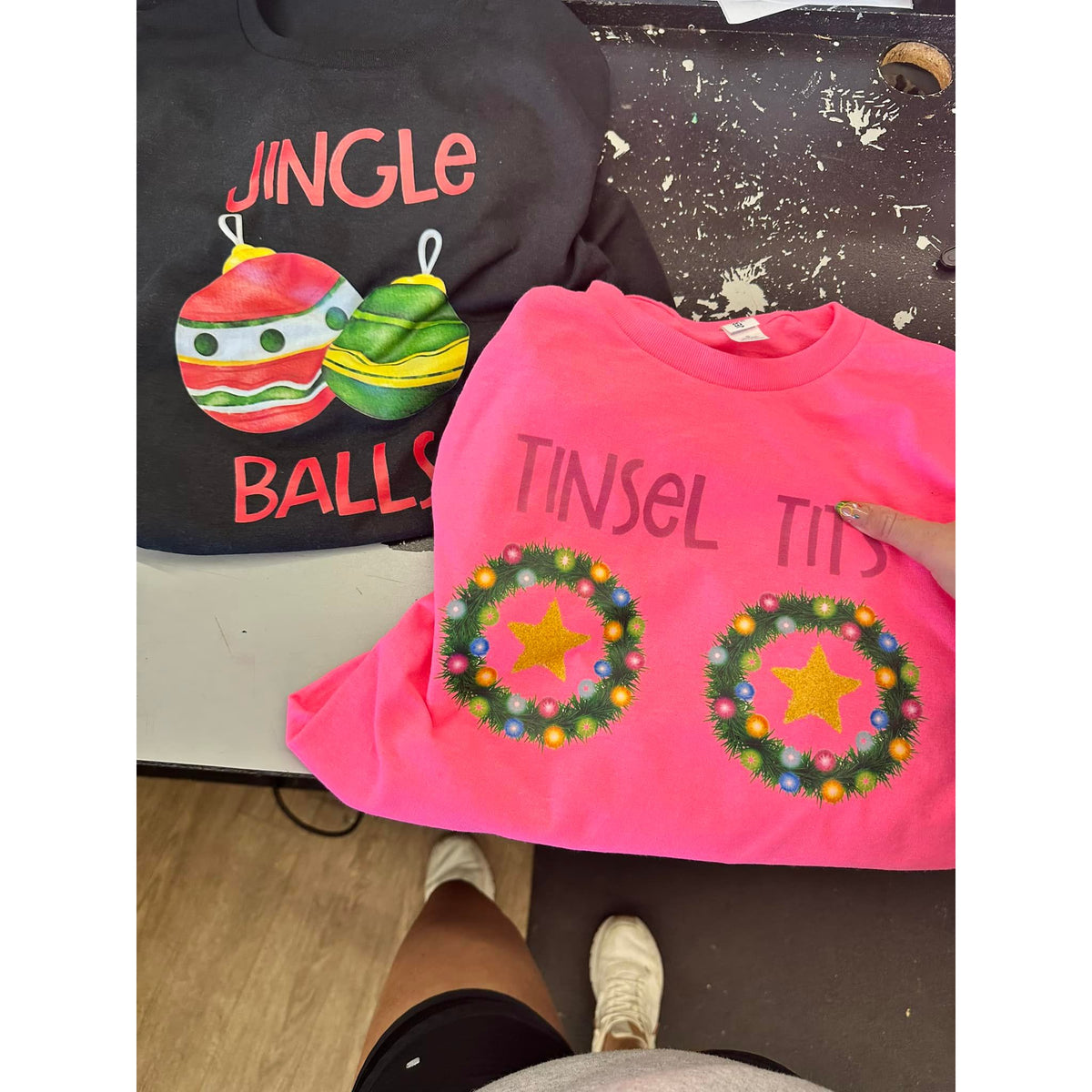 Jingle Balls or tinsel tits tee (sold separately)
