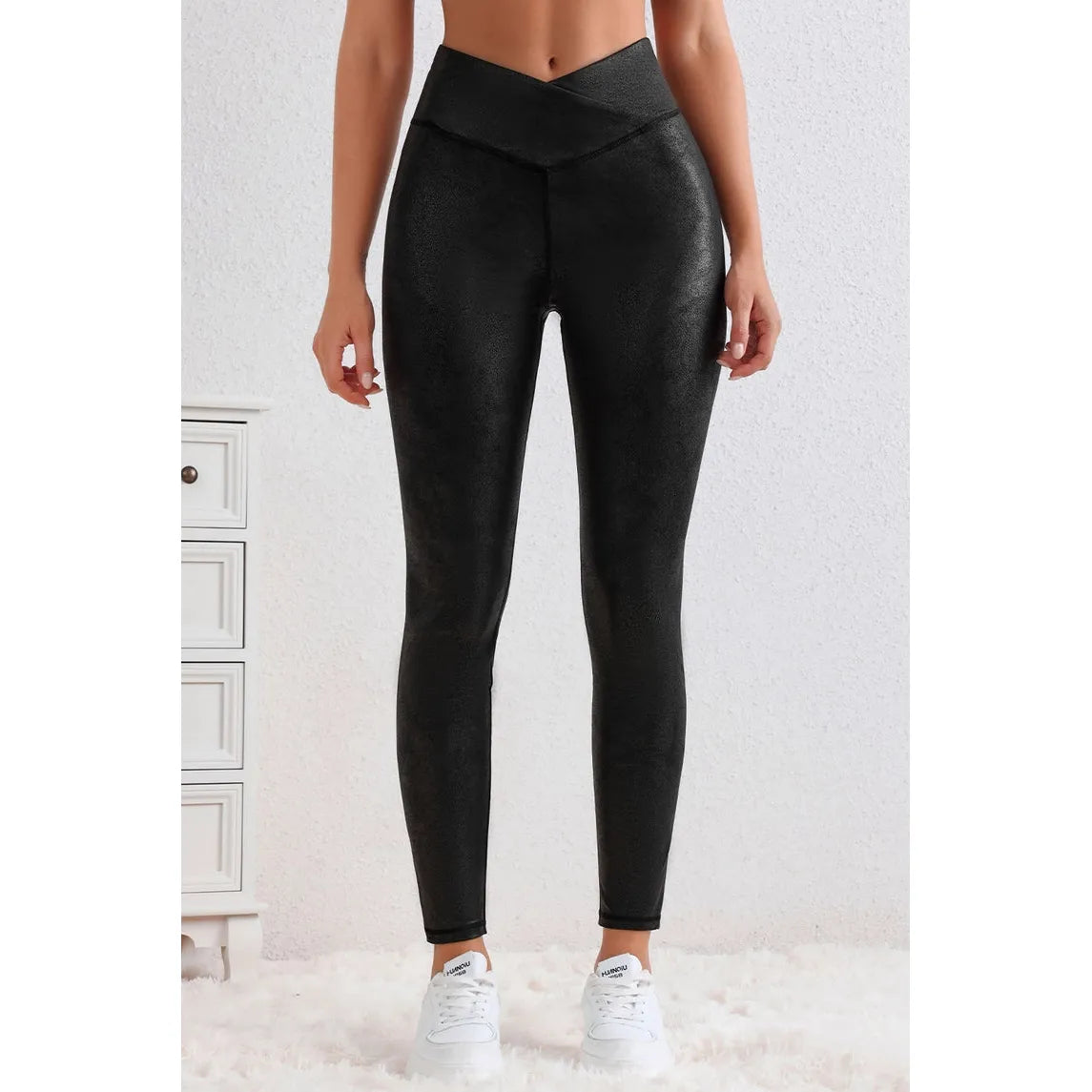 Black Crossed Dip Waist Sleek Leather Leggings