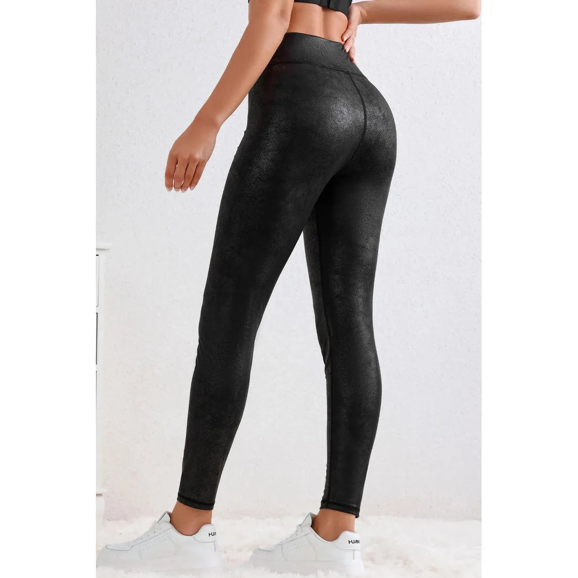 Black Crossed Dip Waist Sleek Leather Leggings