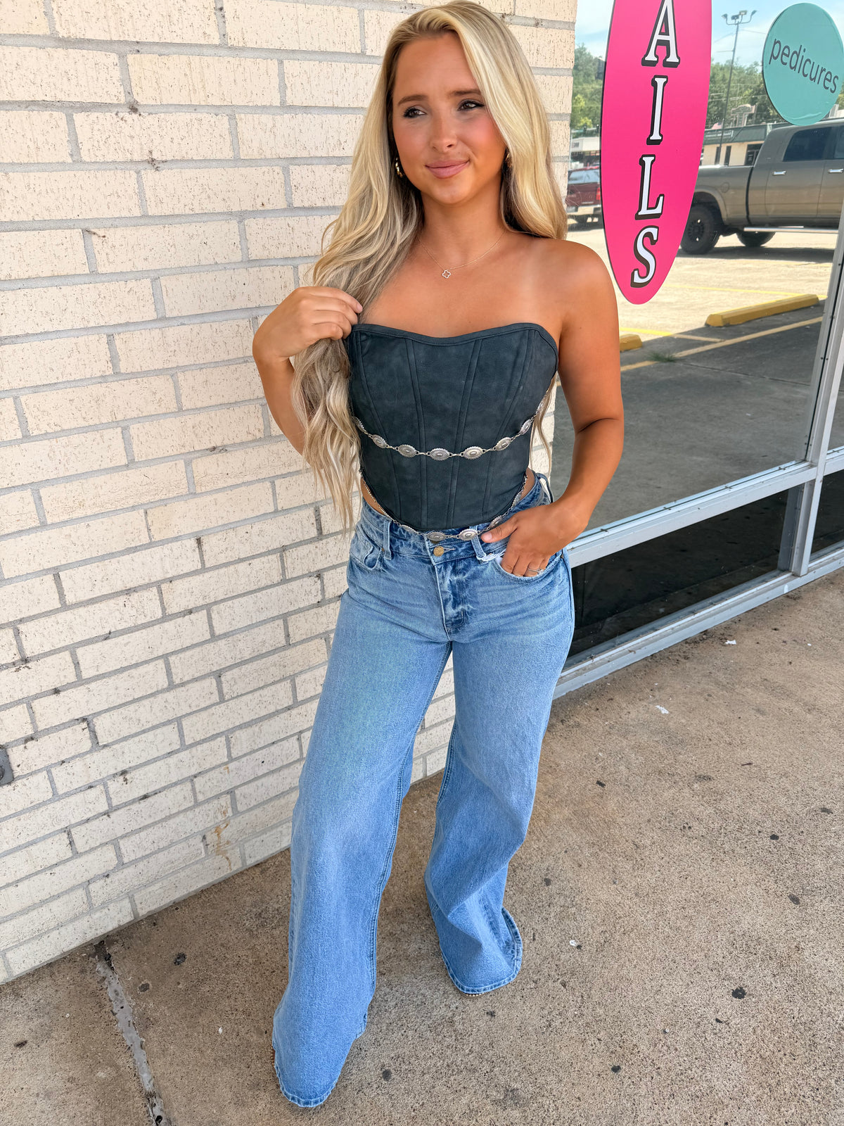 Bevan Black Western Top with chain belt