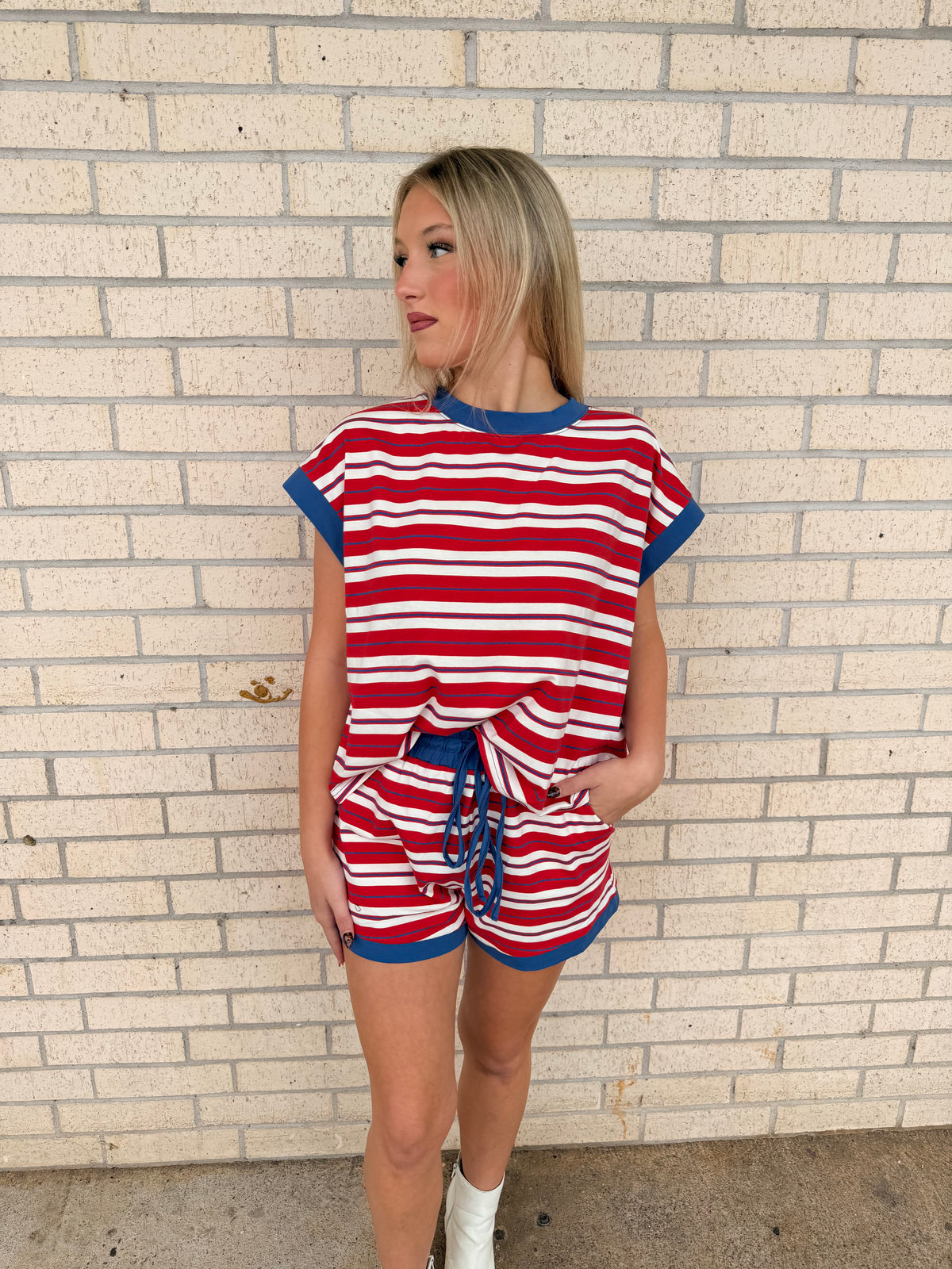 Red white and blue stripe  short set