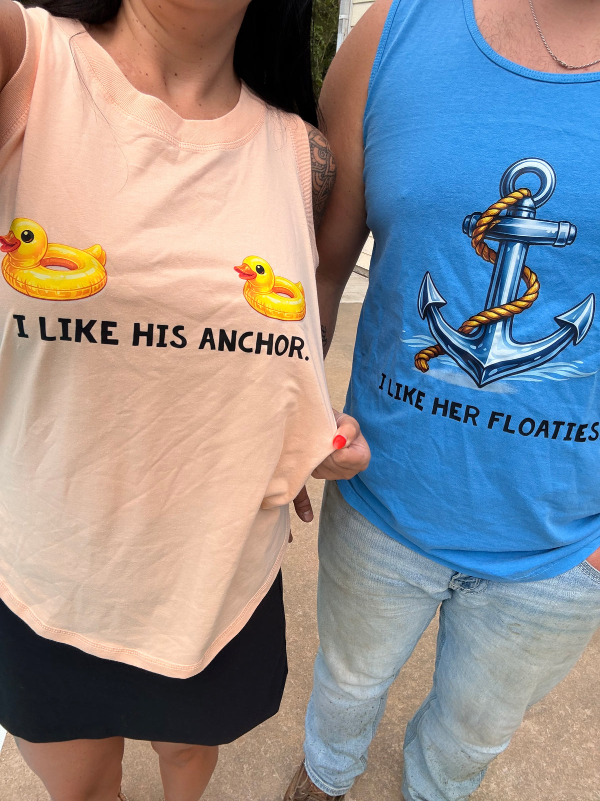 I like her floaties or i like his anchor tee, sweatshirt or tank top