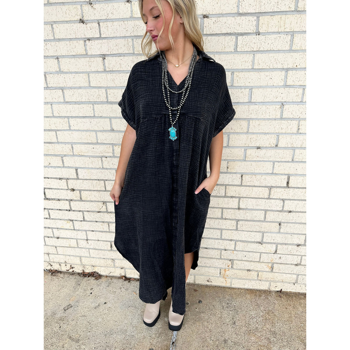 Mineral Wash Flowy Black Maxi Dress