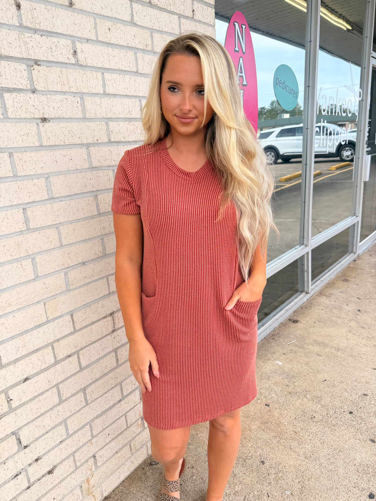 Fall Rust ribbed Pocket Dress