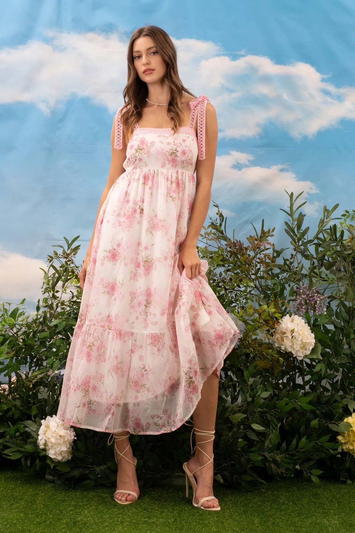 Pink dream Floral Crochet Lace Strap Maxi Dress