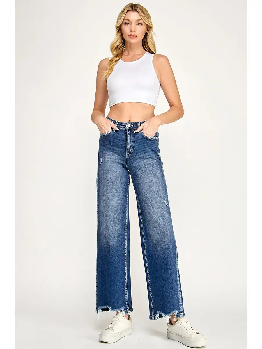 High Rise Super Stretch Wide Leg w/ Destroyed Hem Petrah dark wash