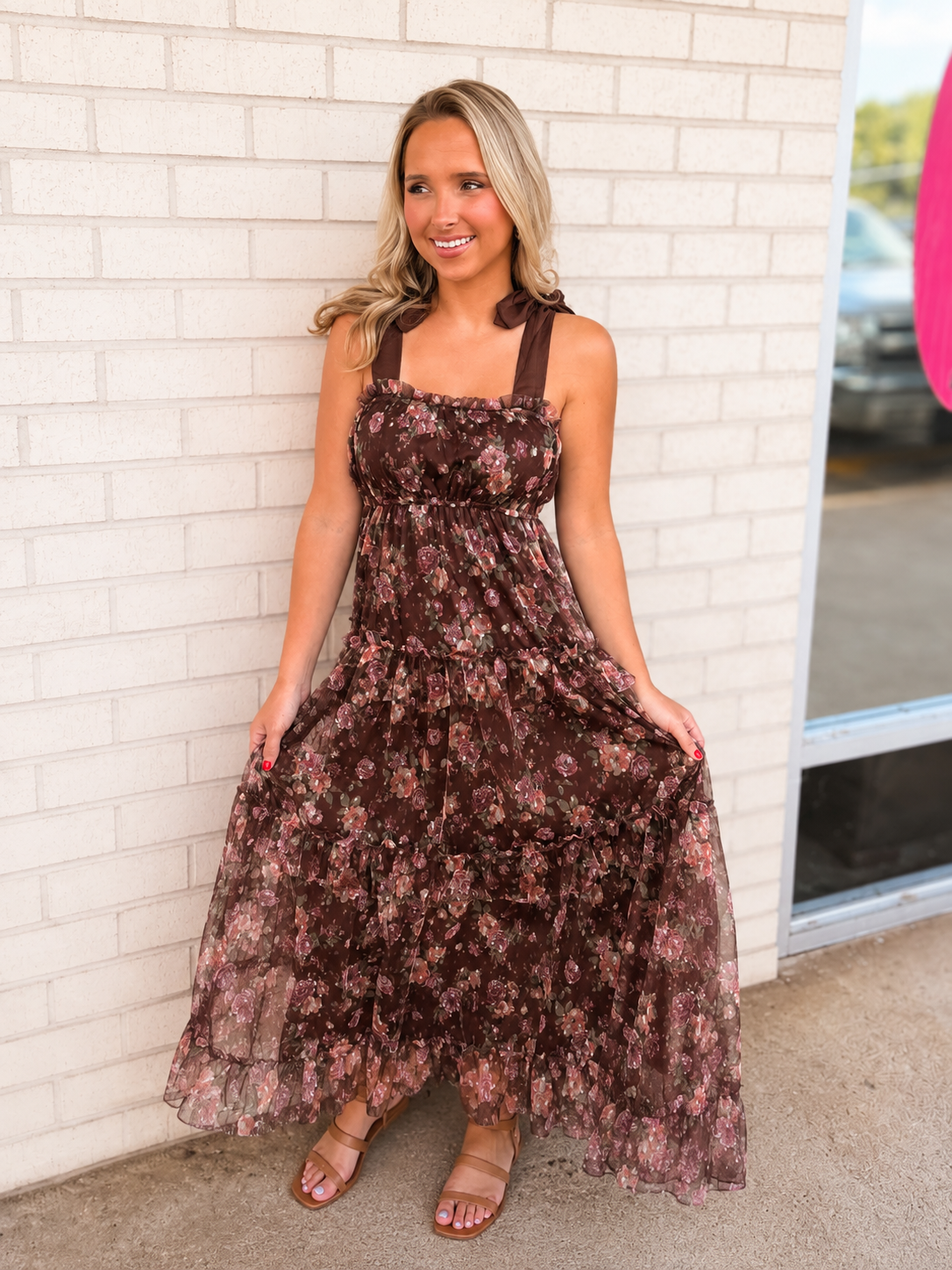 Fall Floral Maxi with Bow tie Shoulder Dress