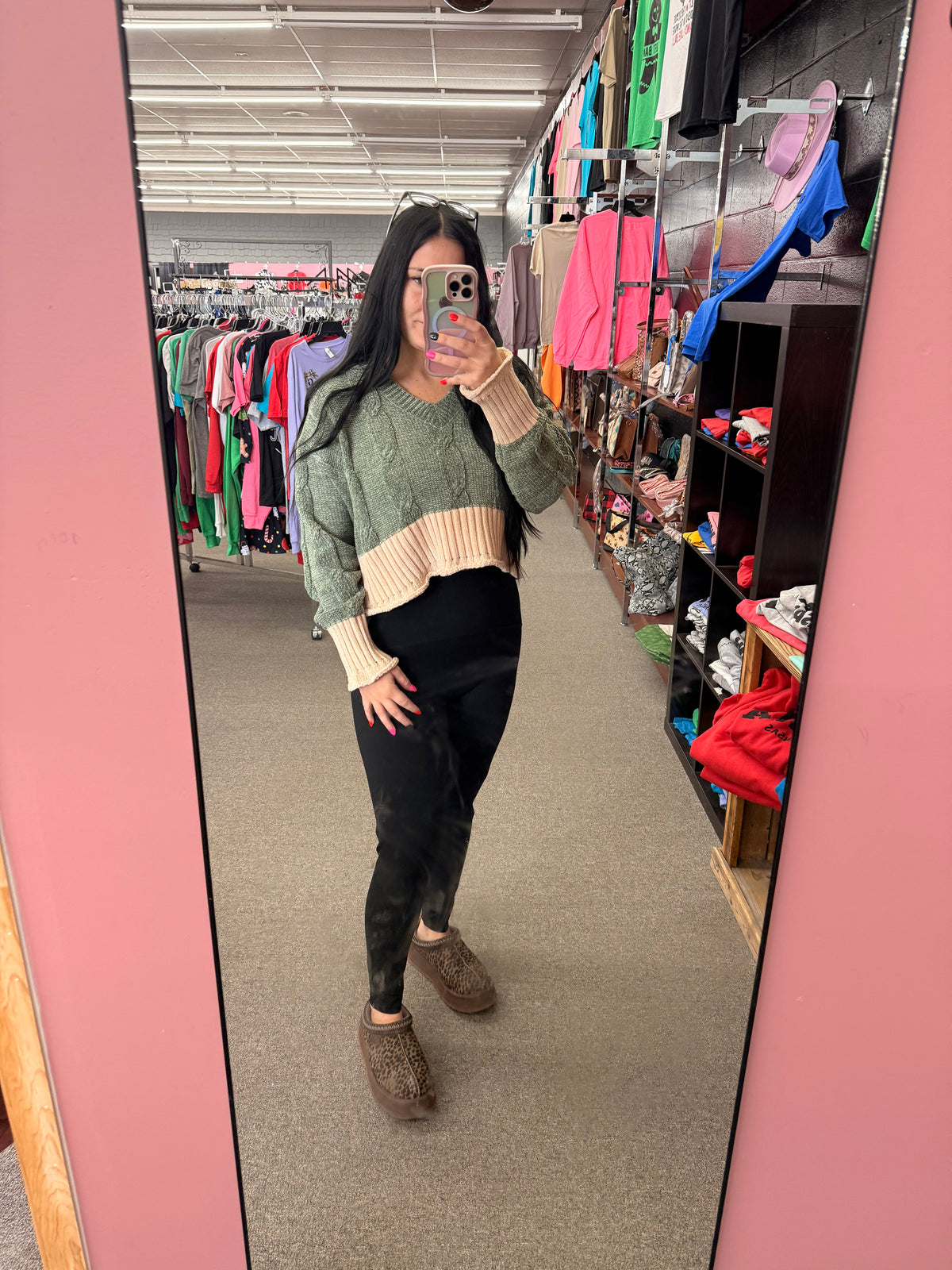 Olive oatmeal cream thick knit sweater crop