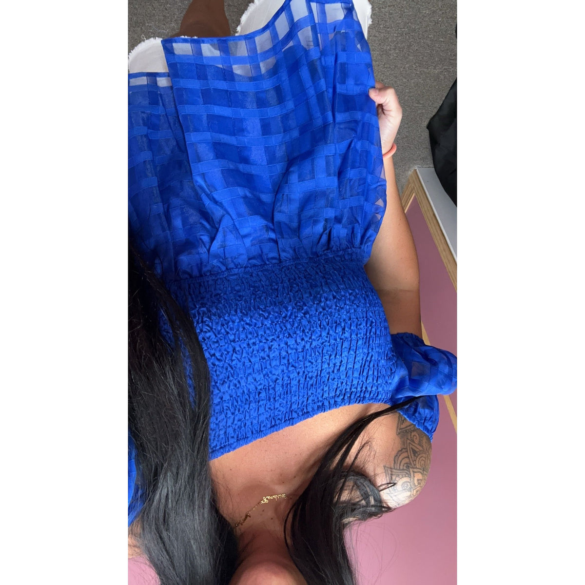 Blue smocked top (on or off the shoulder)