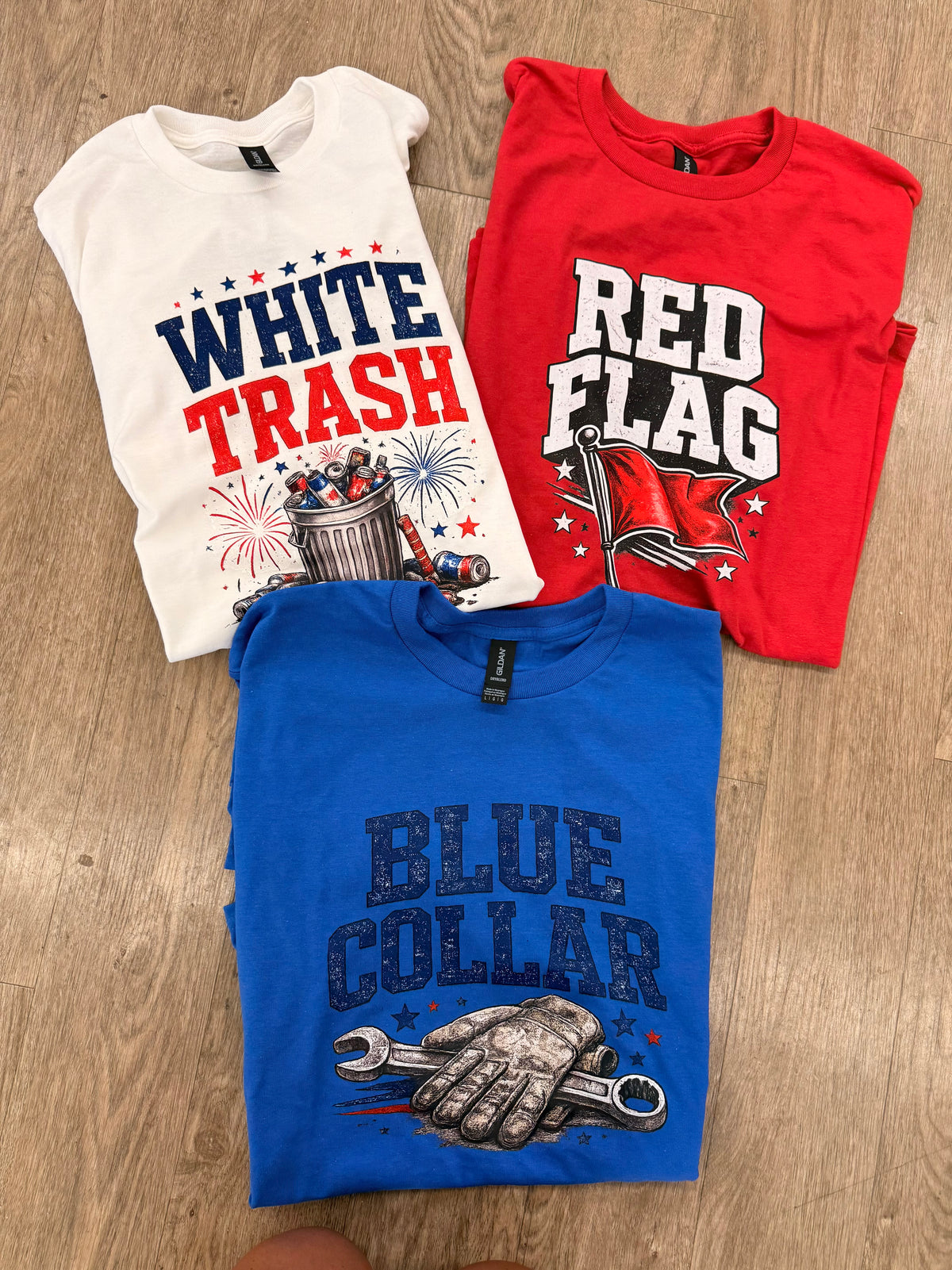 Red flag, white trash, blue collar tank, tee or sweatshirt