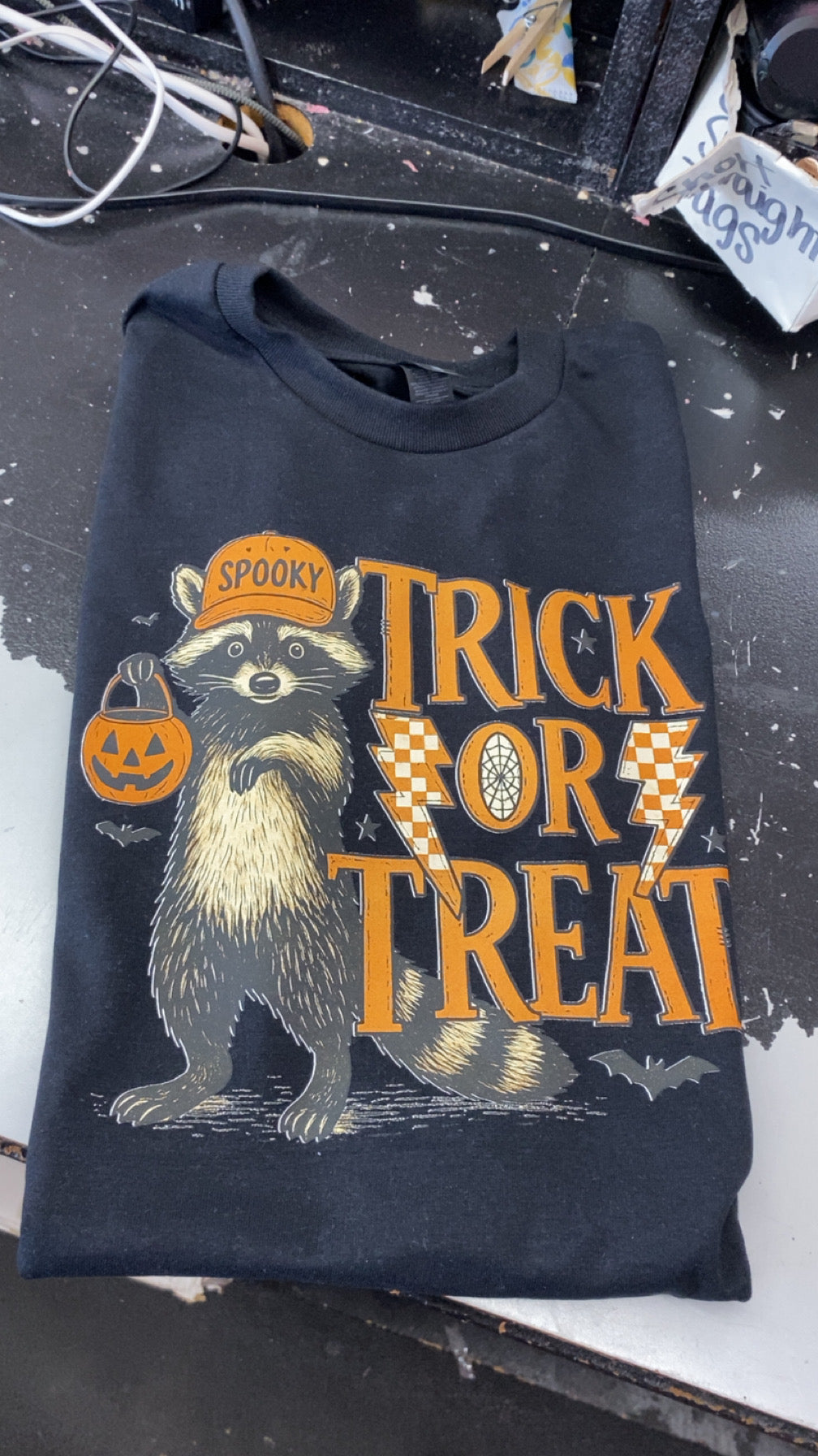 trick or treat racoon tee or sweatshirt