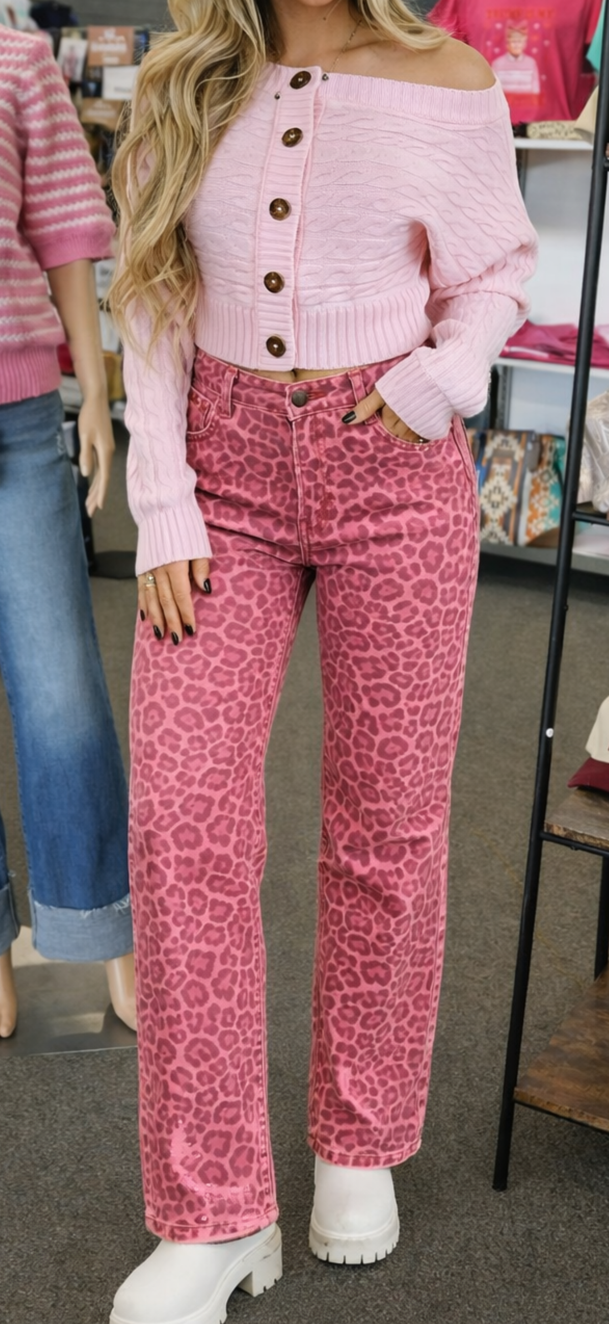Pink leopard denim jeans