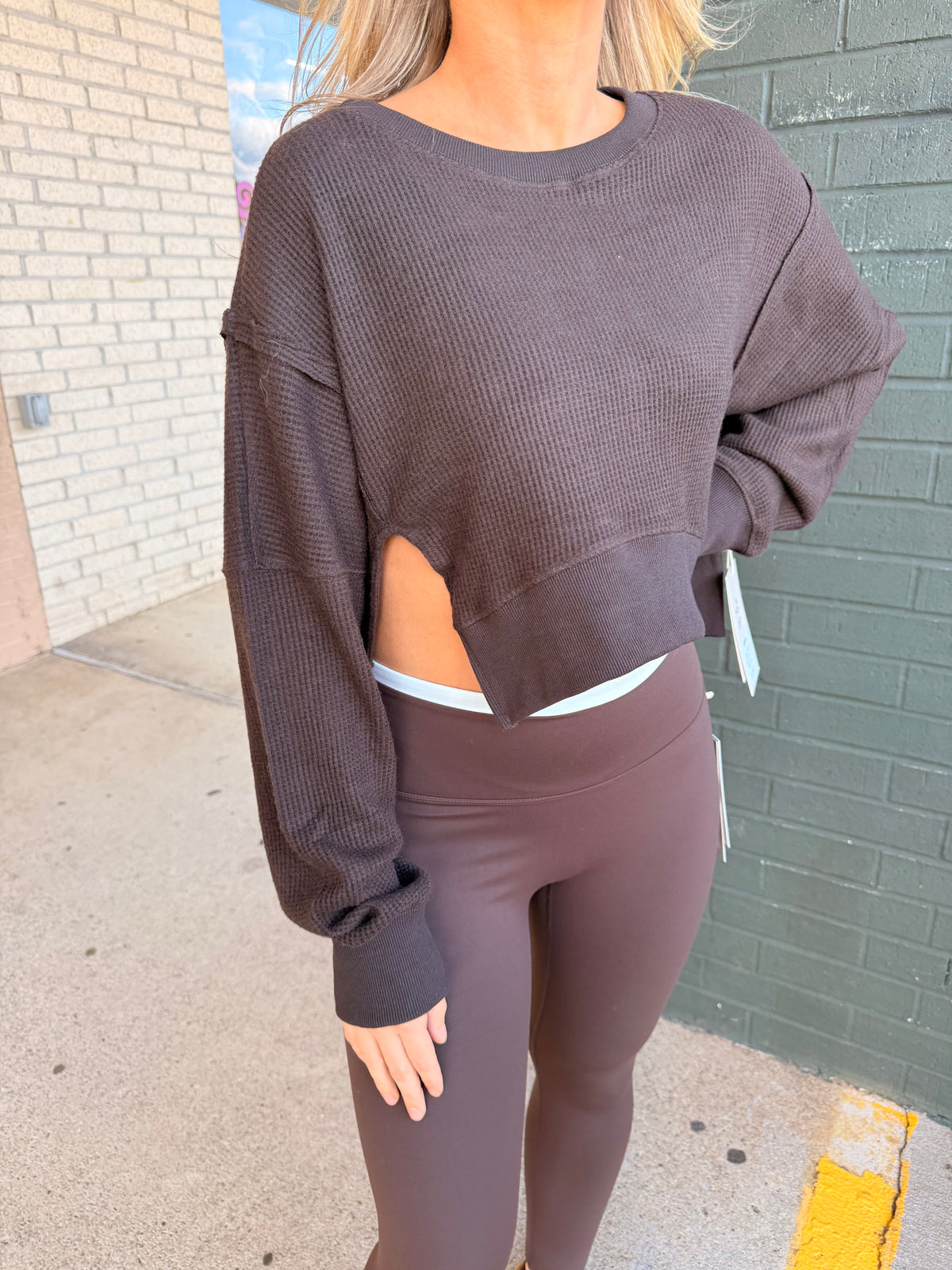 Chocolate brown waffle knit crop sweater