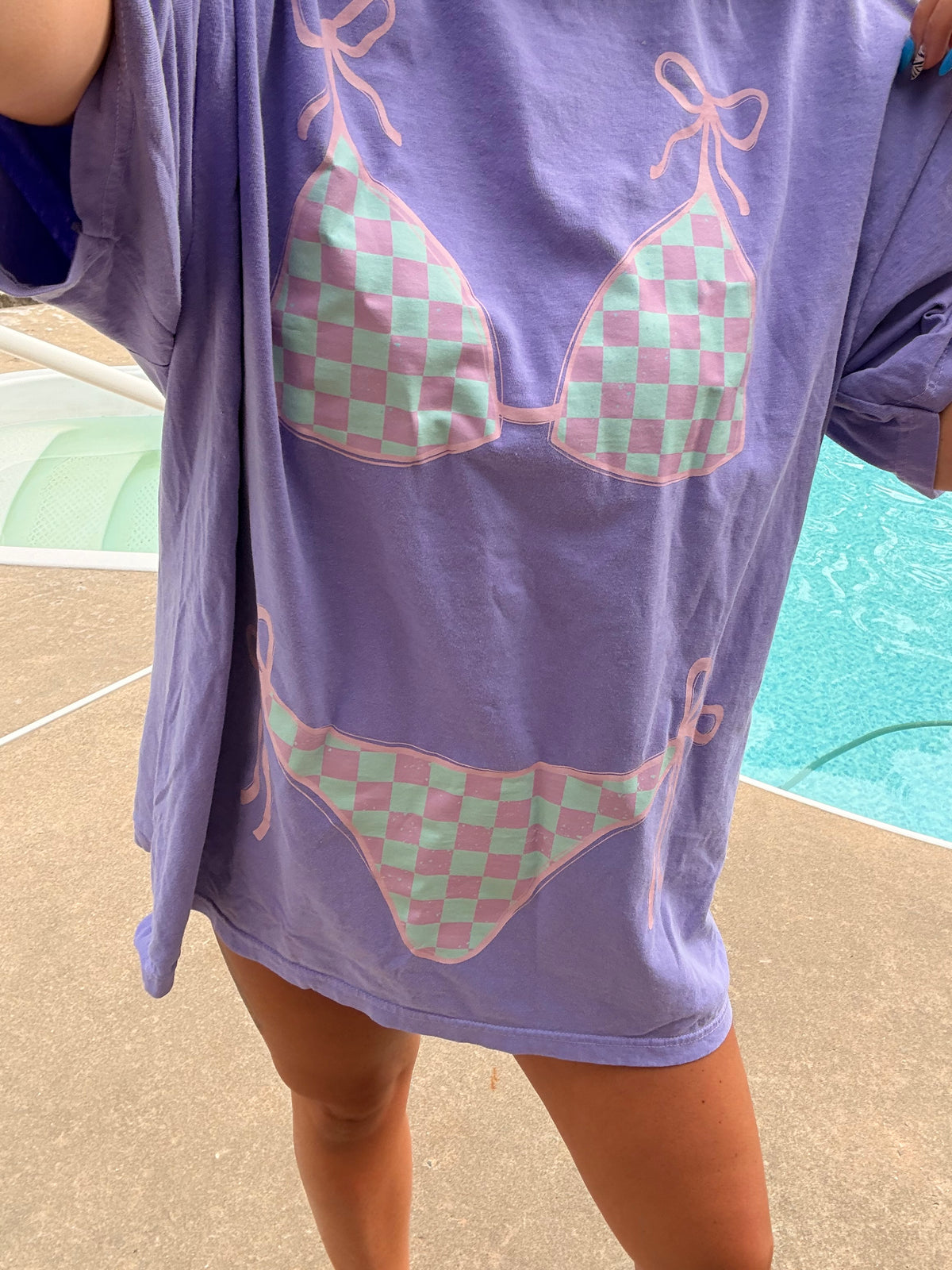 Purple/Mint Checkered Swim Suit Comfort Colors Tee or Sweatshirt