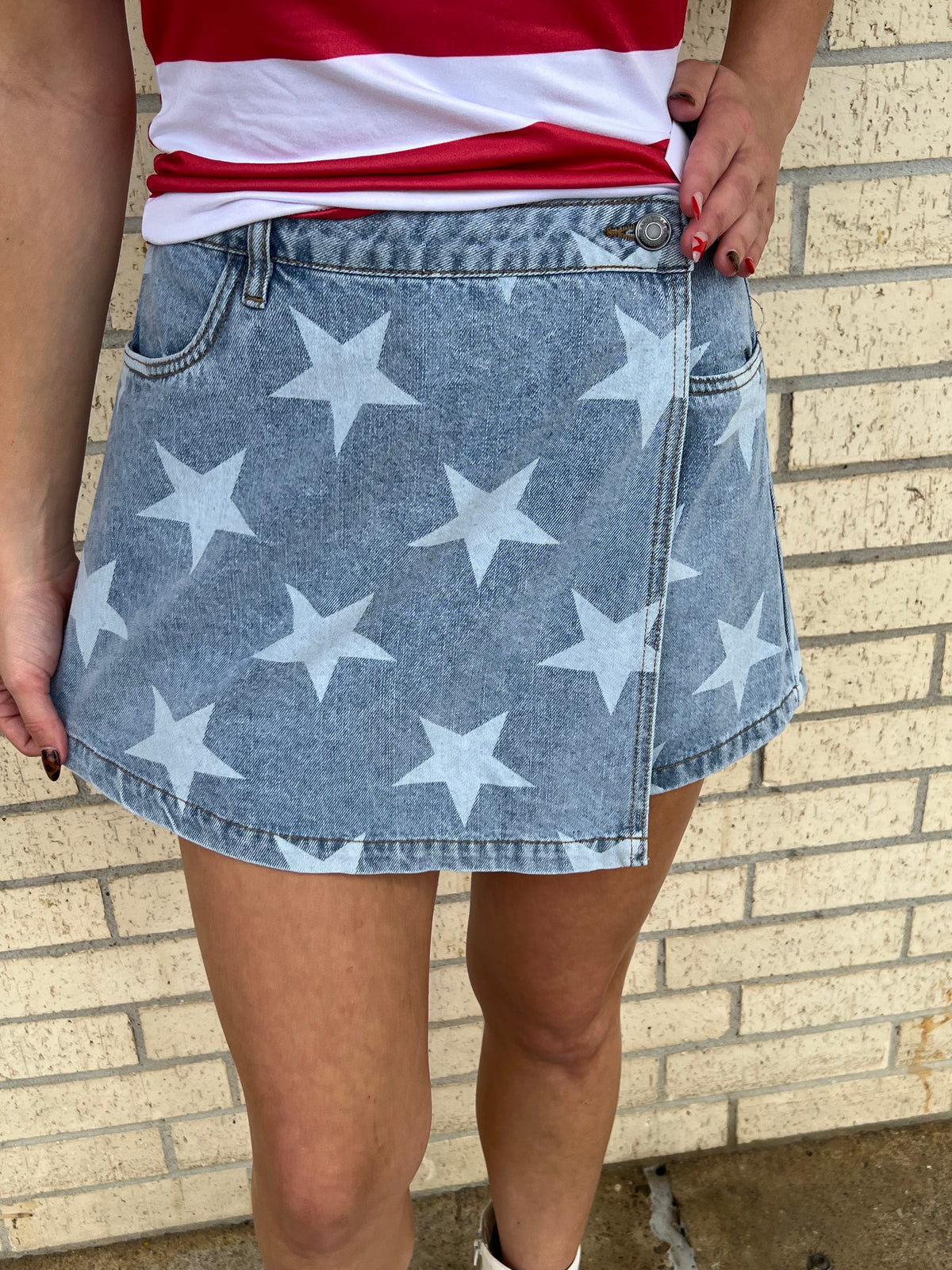 4th Of July Star Printed Denim Wrap Skort
