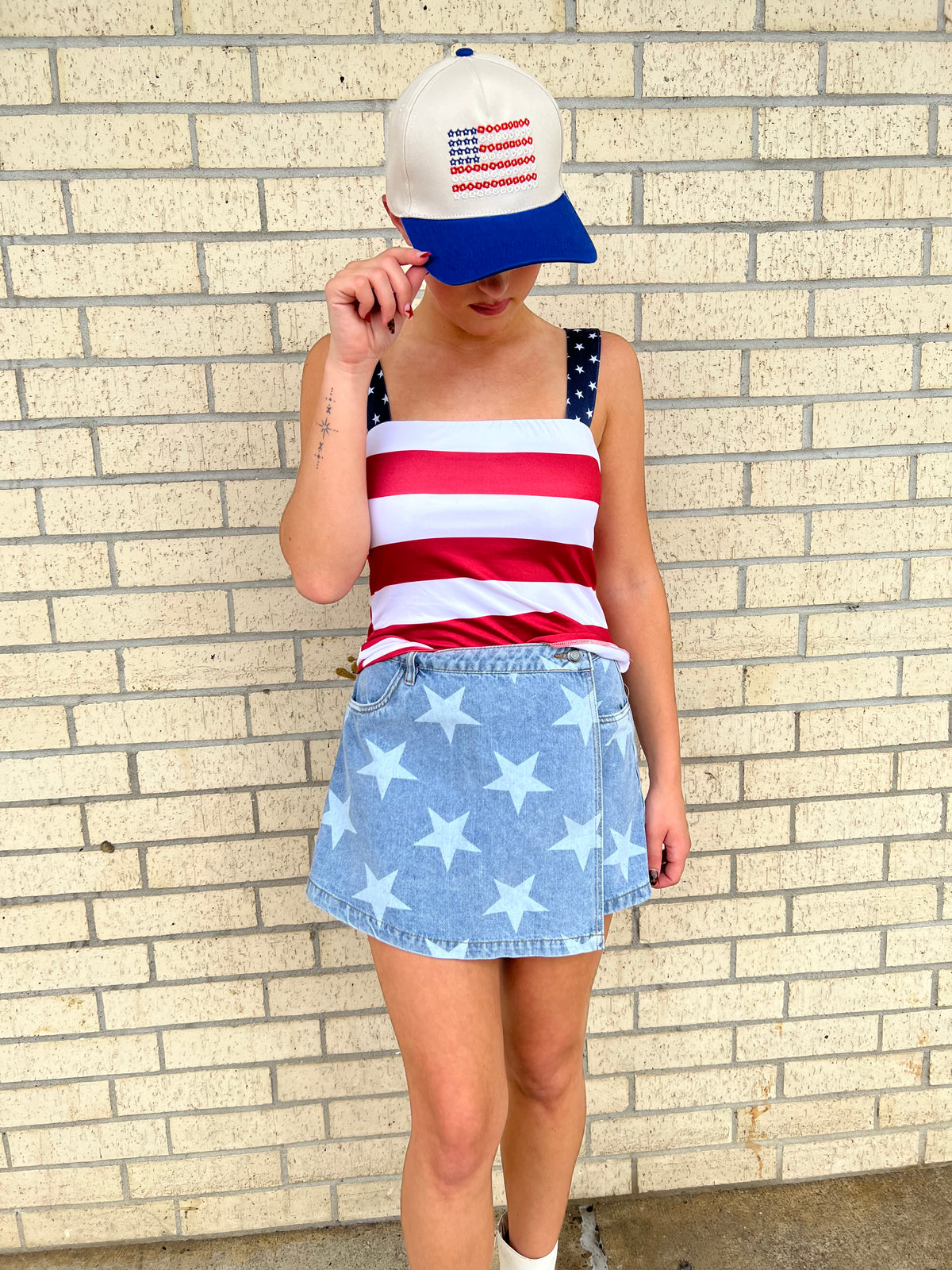 4th Of July Star Printed Denim Wrap Skort