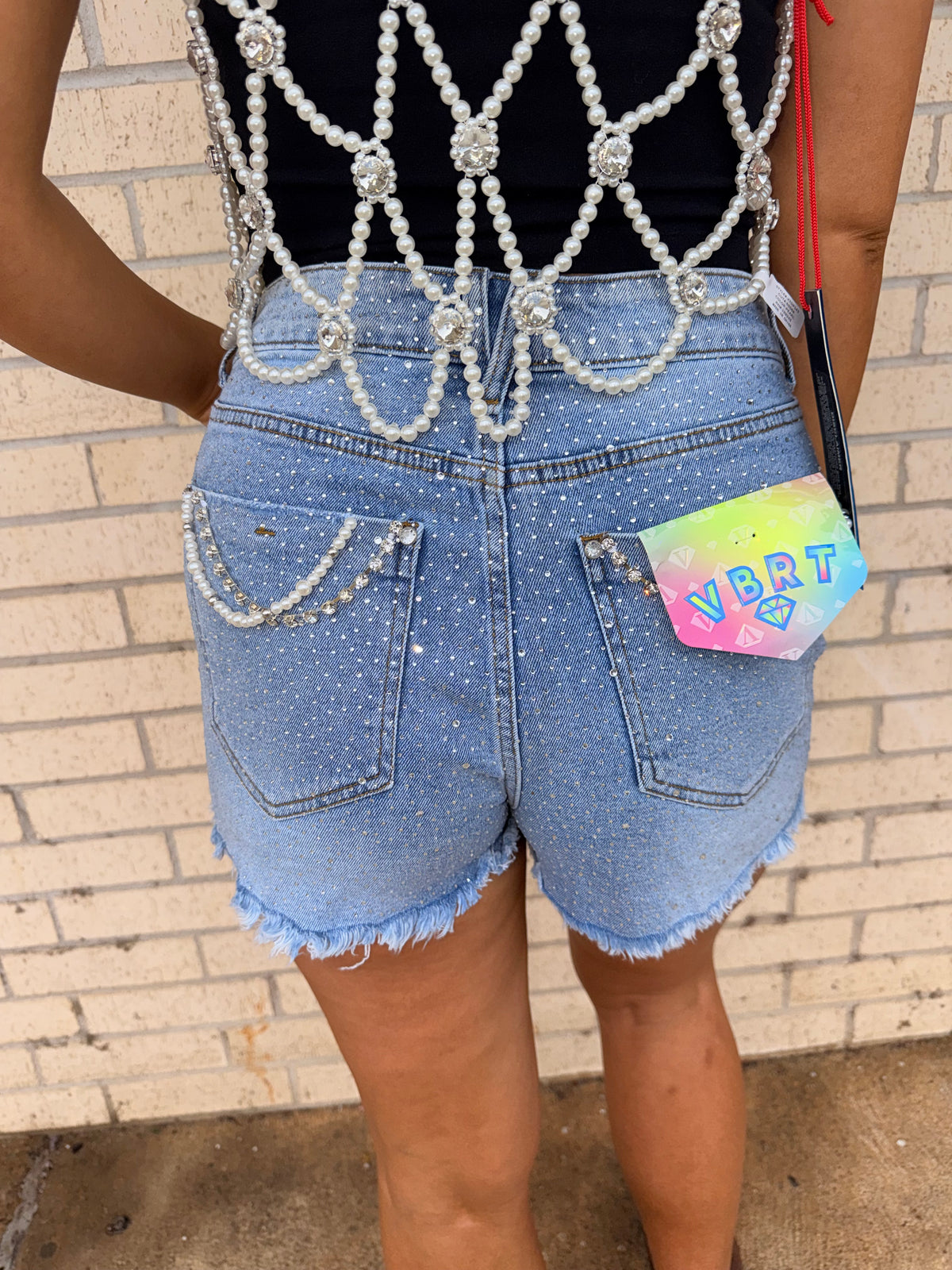 Lexi Vibes Pearl Rhinestone denim shorts