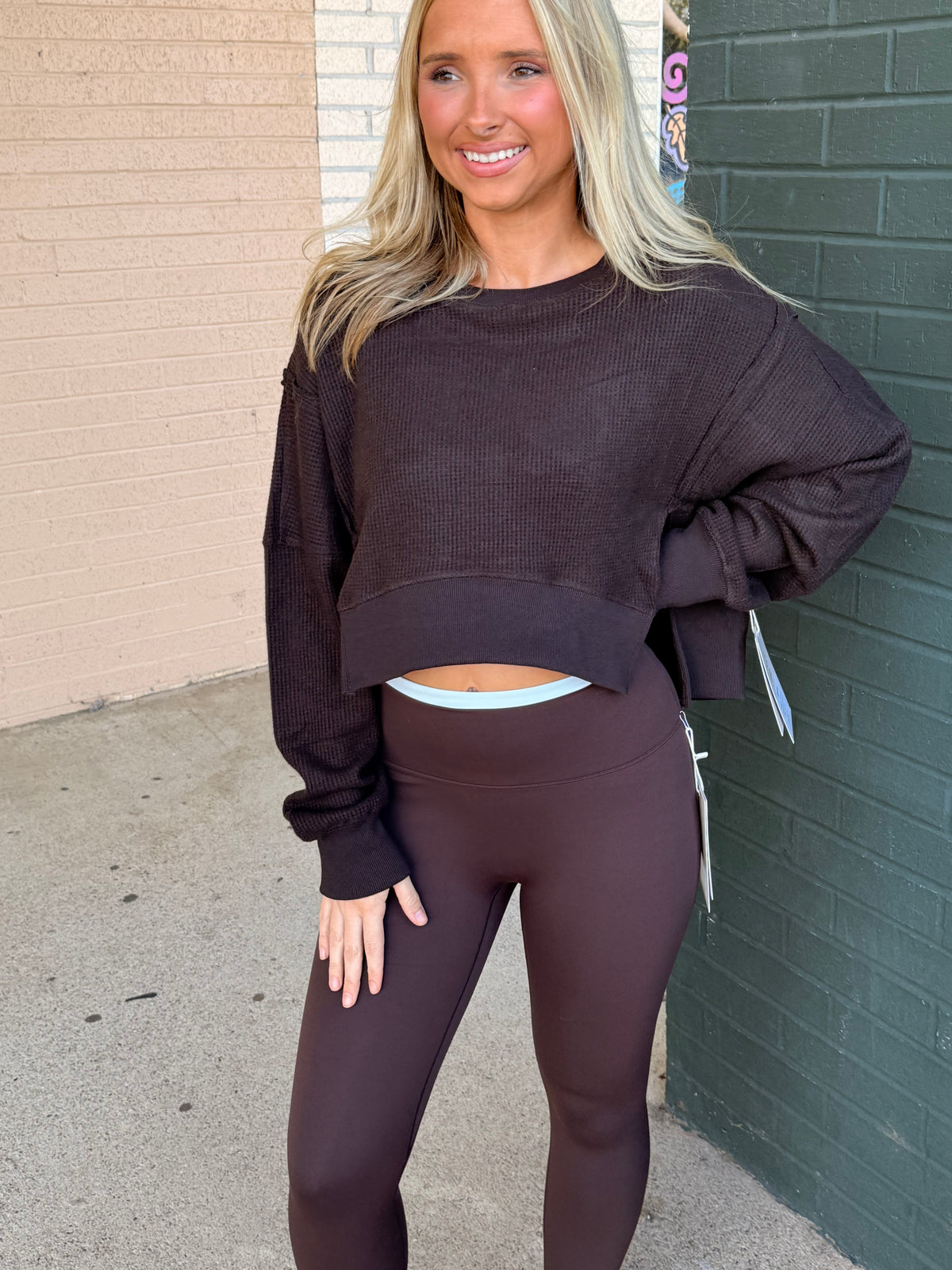 Chocolate brown waffle knit crop sweater