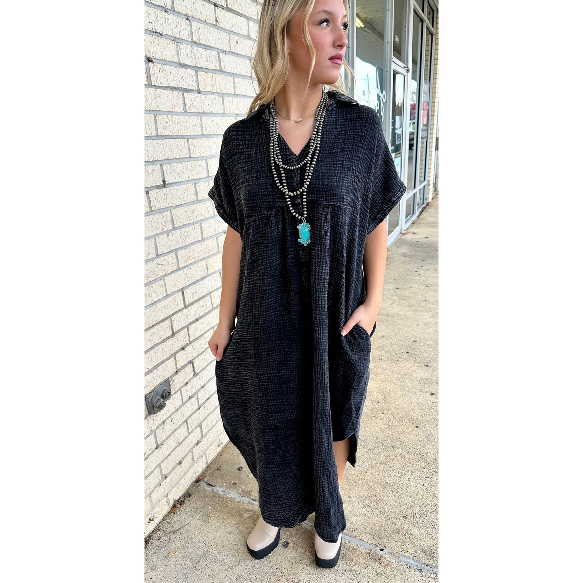 Mineral Wash Flowy Black Maxi Dress