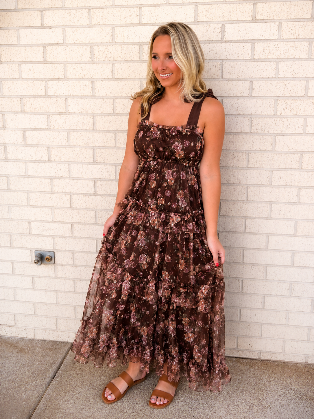 Fall Floral Maxi with Bow tie Shoulder Dress