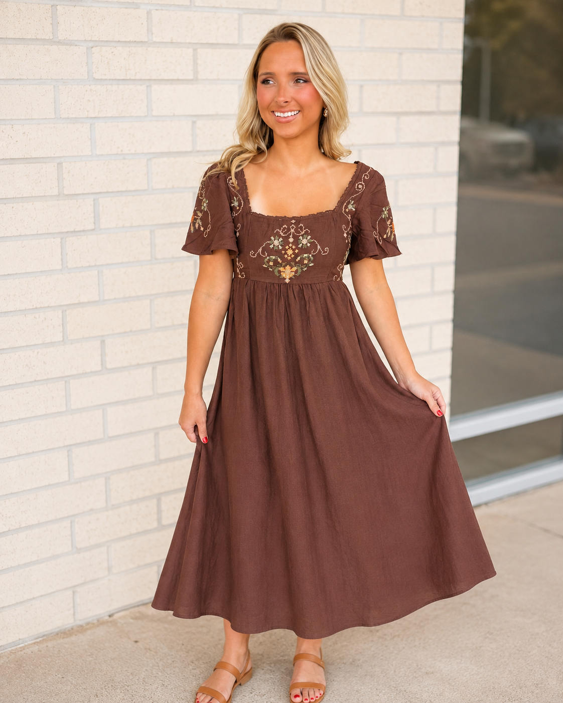 Chocolate Brown Embroidered Detail Dress